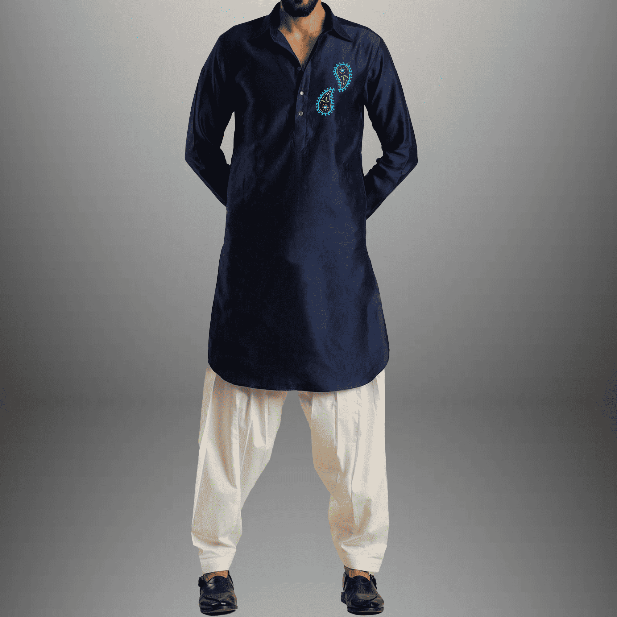 Men's pathani set of Dark Blue kurta & White Bottom-RMEK021