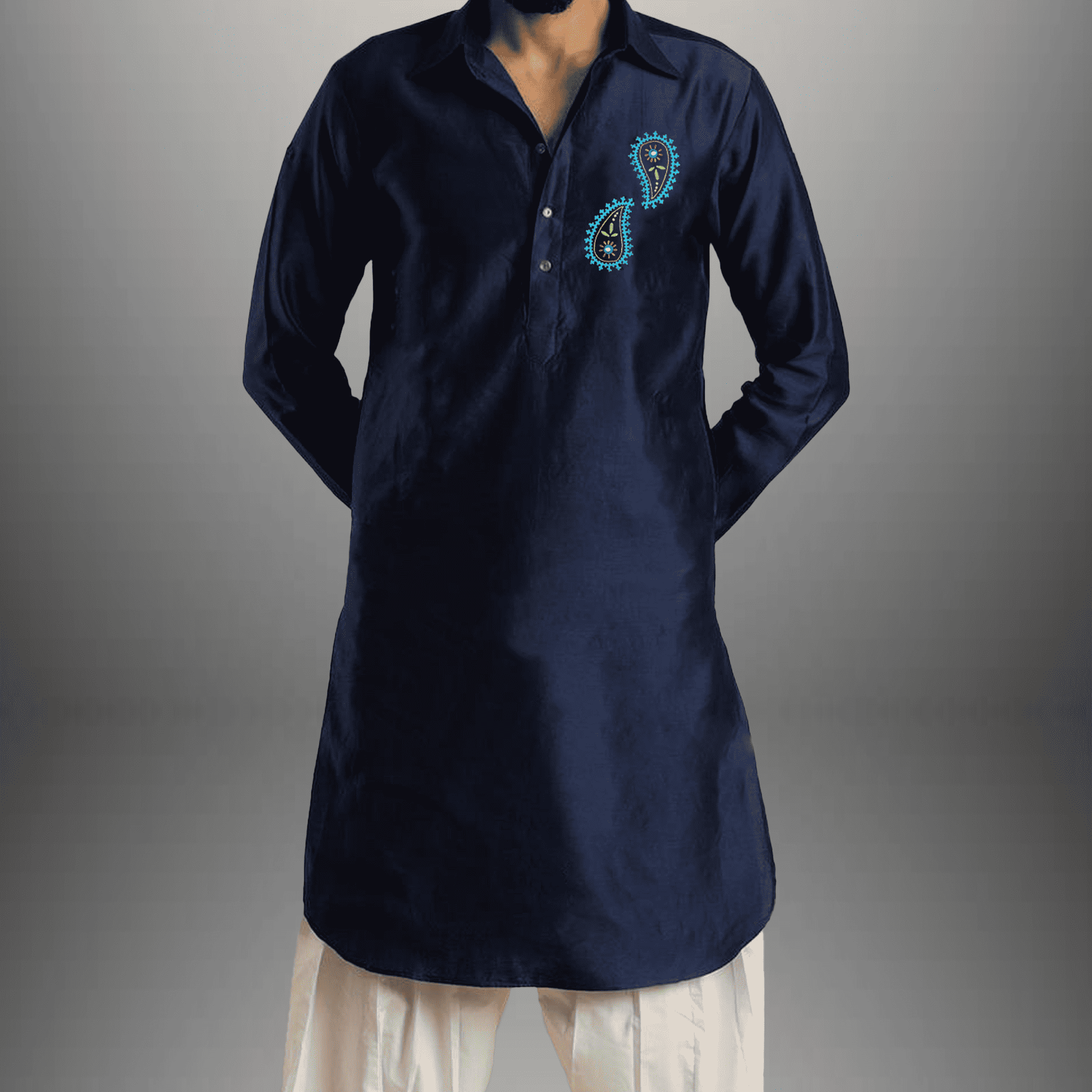 Men's pathani set of Dark Blue kurta & White Bottom-RMEK021