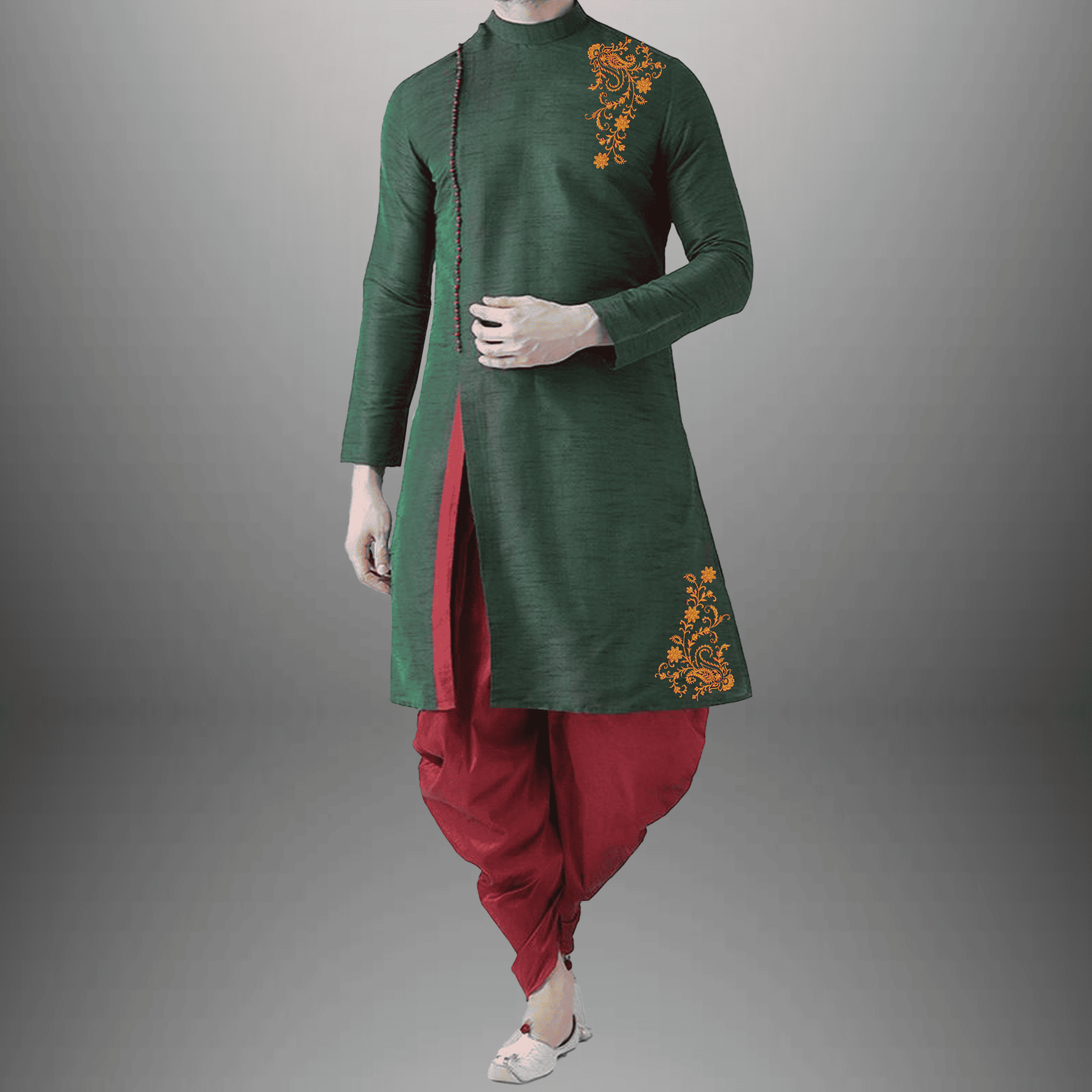Men's set of Dark Green Kurta with Maroon Dhoti-RMEK015