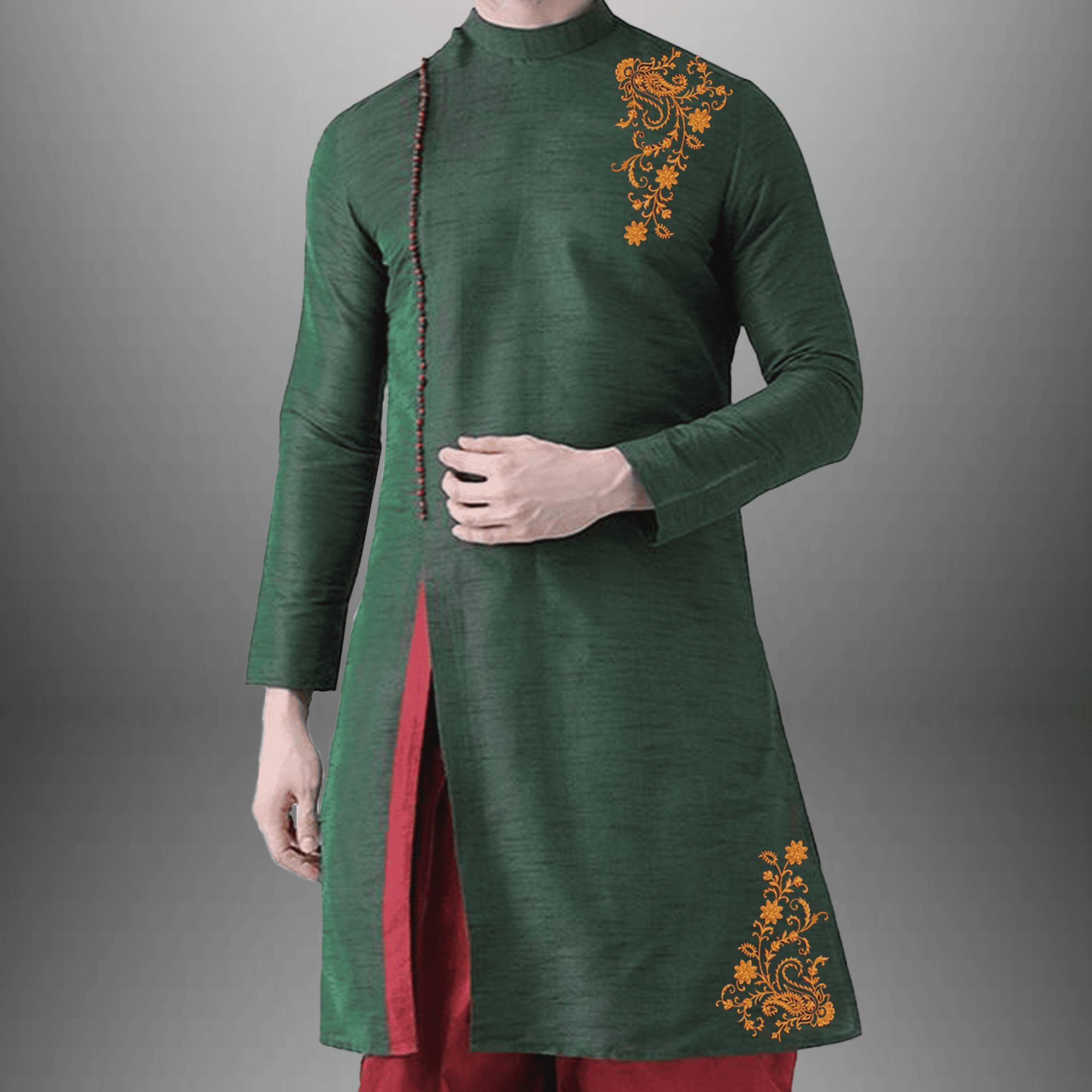 Men's set of Dark Green Kurta with Maroon Dhoti-RMEK015
