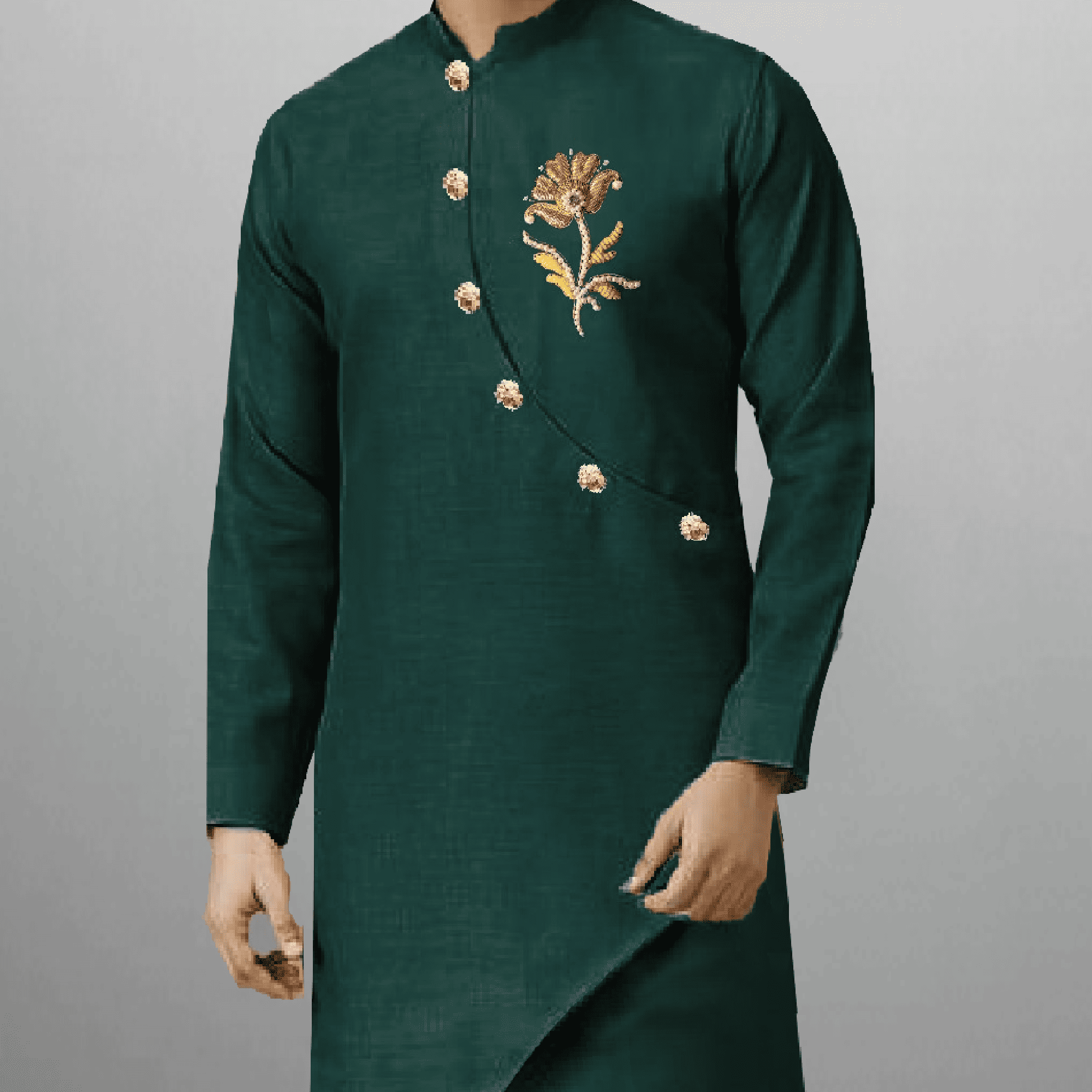 Men's Forest Green kurta with golden buttons and embroidery work-RMEK009