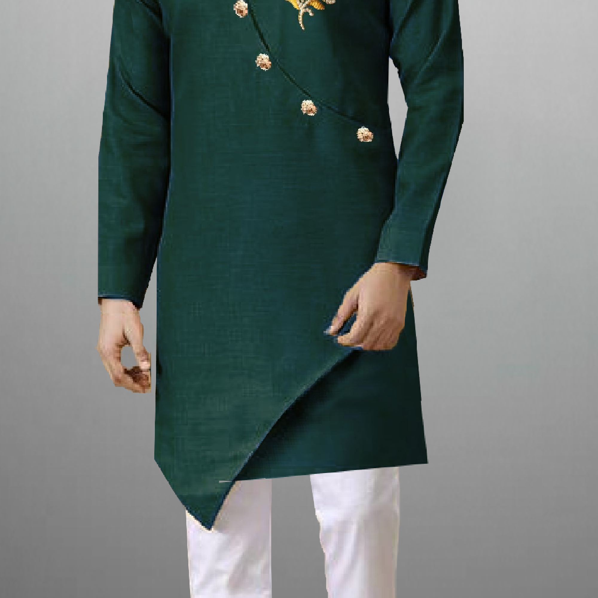 Men's Forest Green kurta with golden buttons and embroidery work-RMEK009