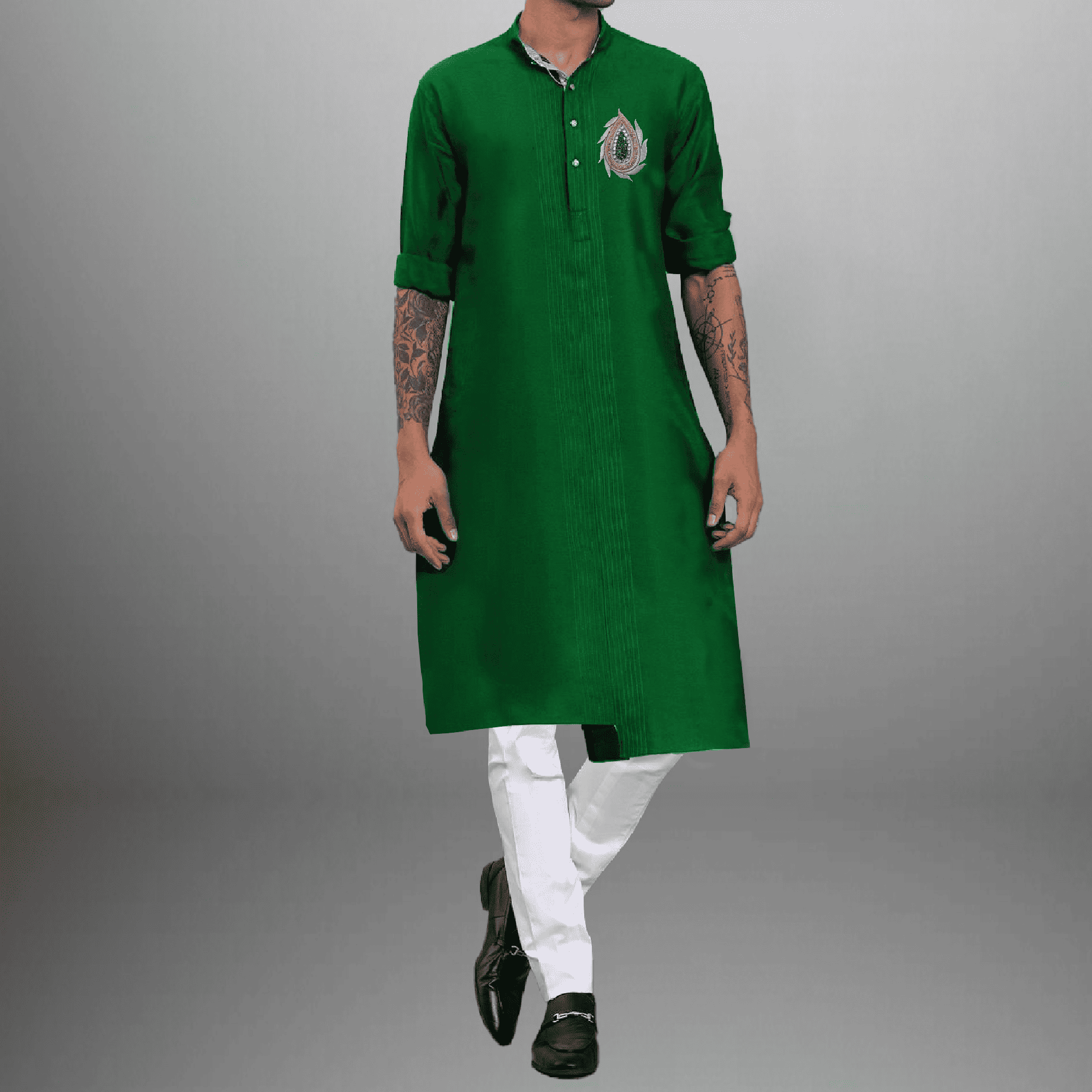 Men's Green Asymmetric Kurta with kundan work embroidery-RMEK007