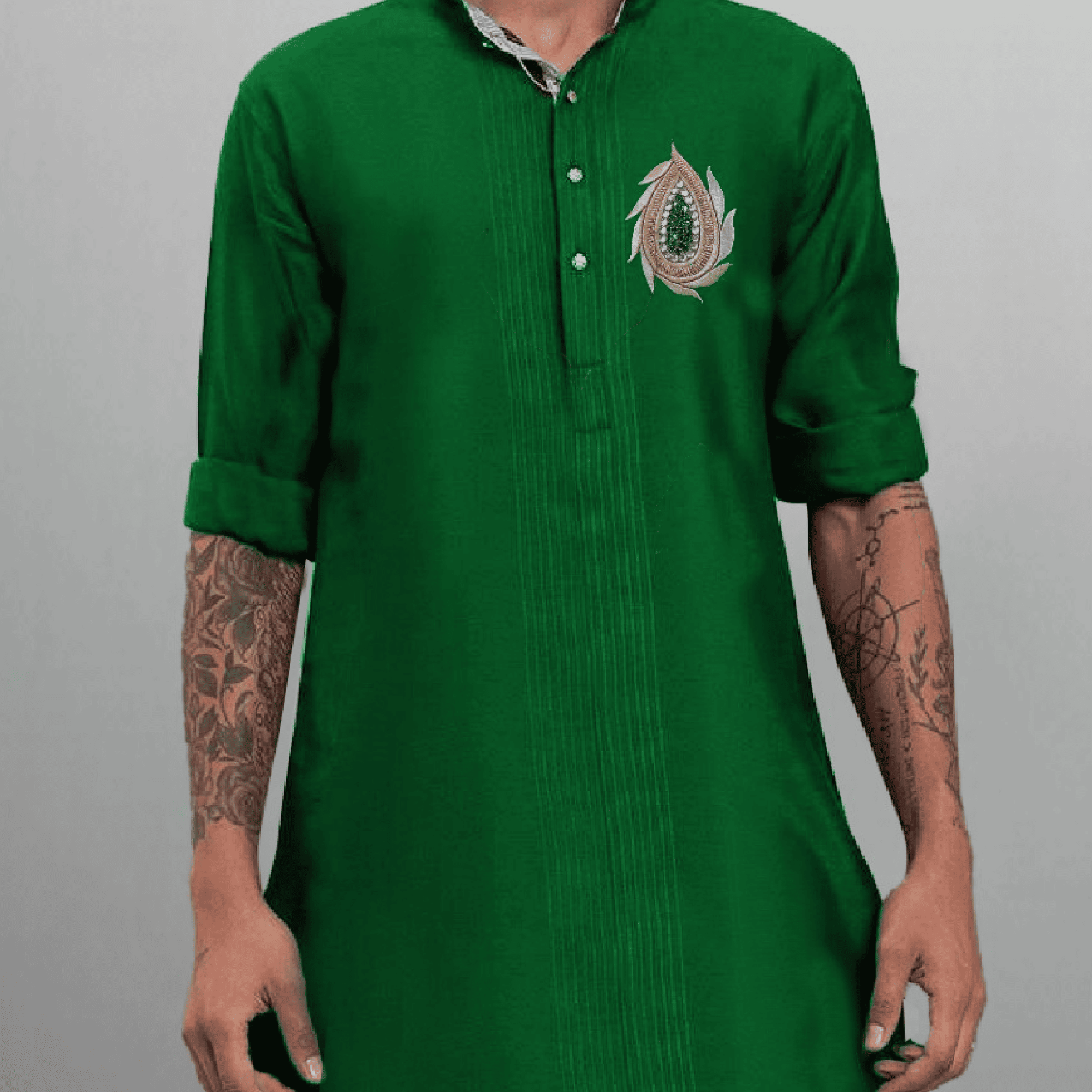 Men's Green Asymmetric Kurta with kundan work embroidery-RMEK007