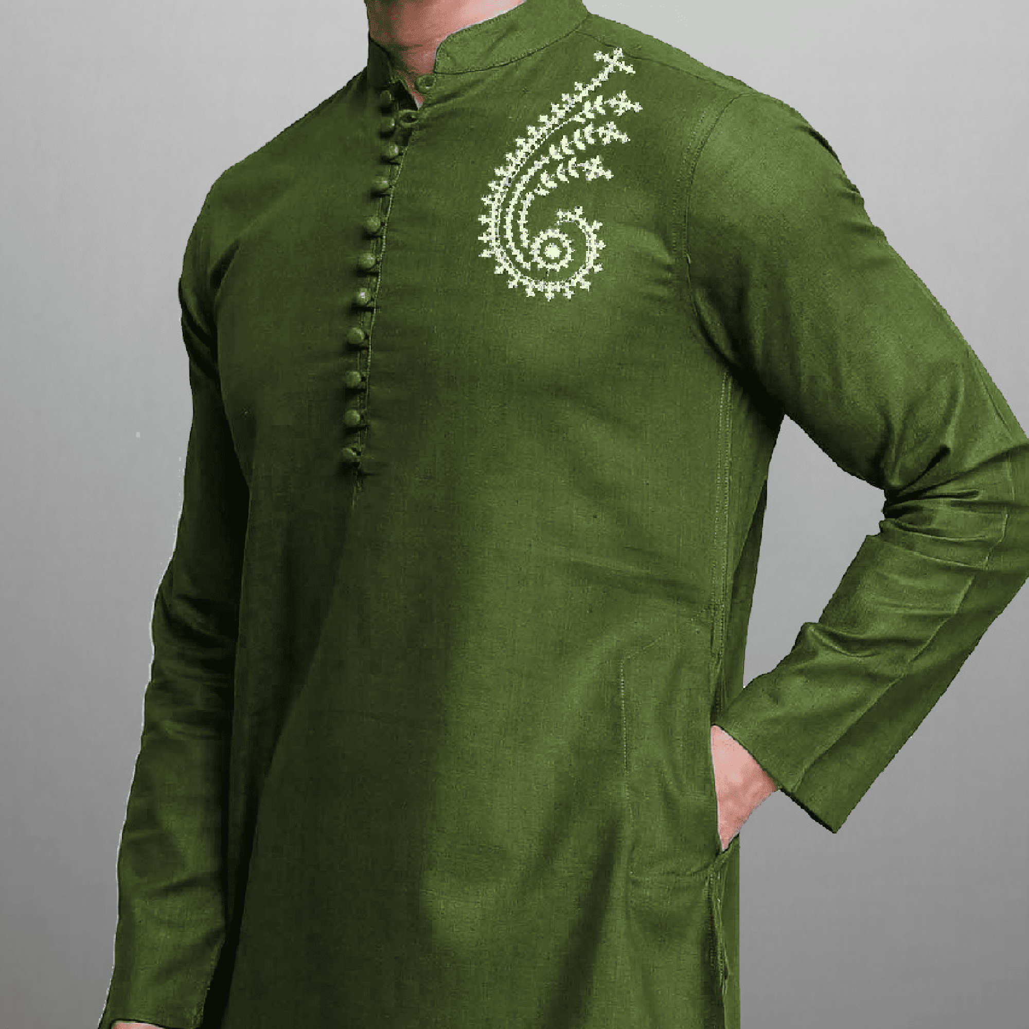 Men's Green Kurta with side embroidery work-RMEK013