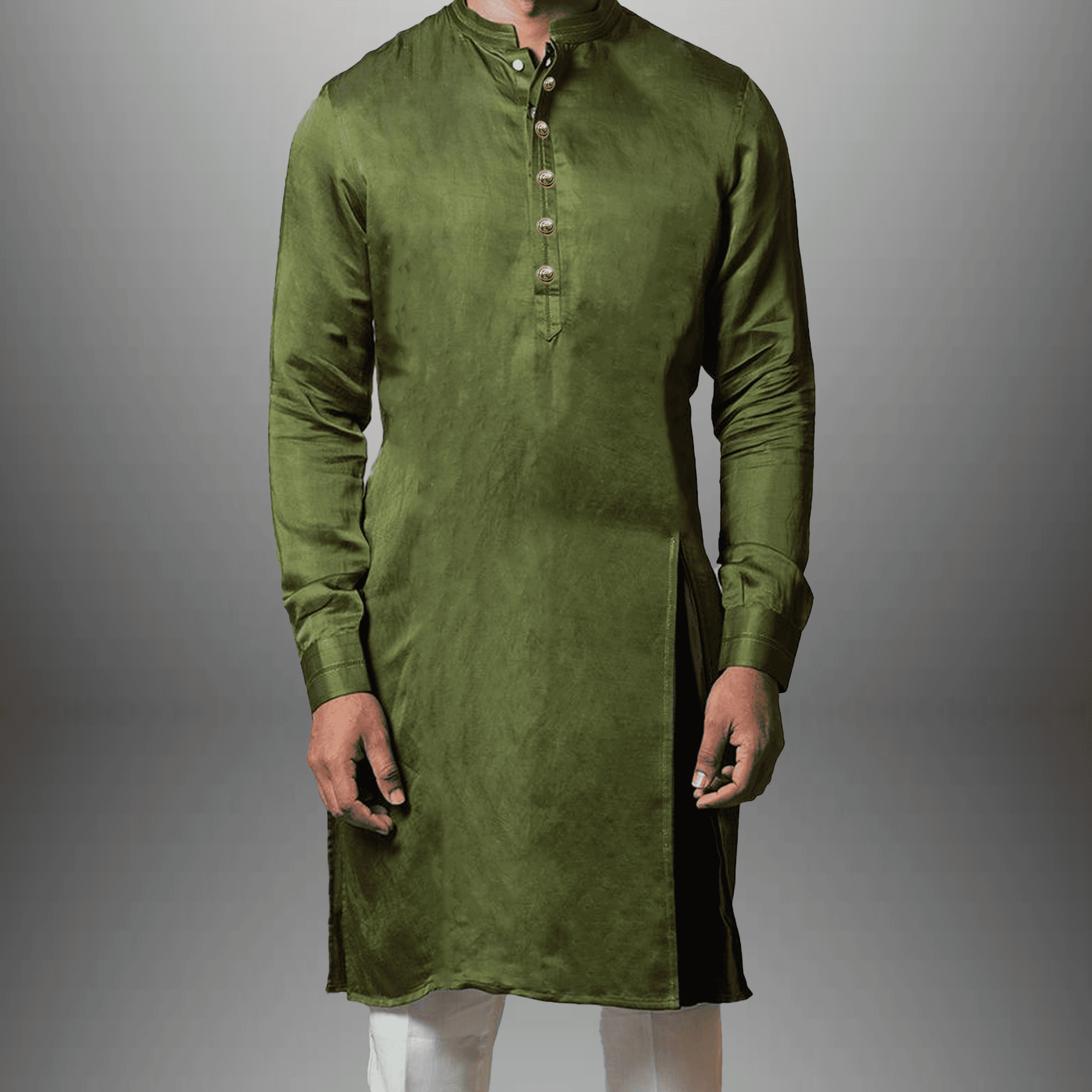 Men's set of Green Kurta with sleeve cuff & White Pajama-RMEK018