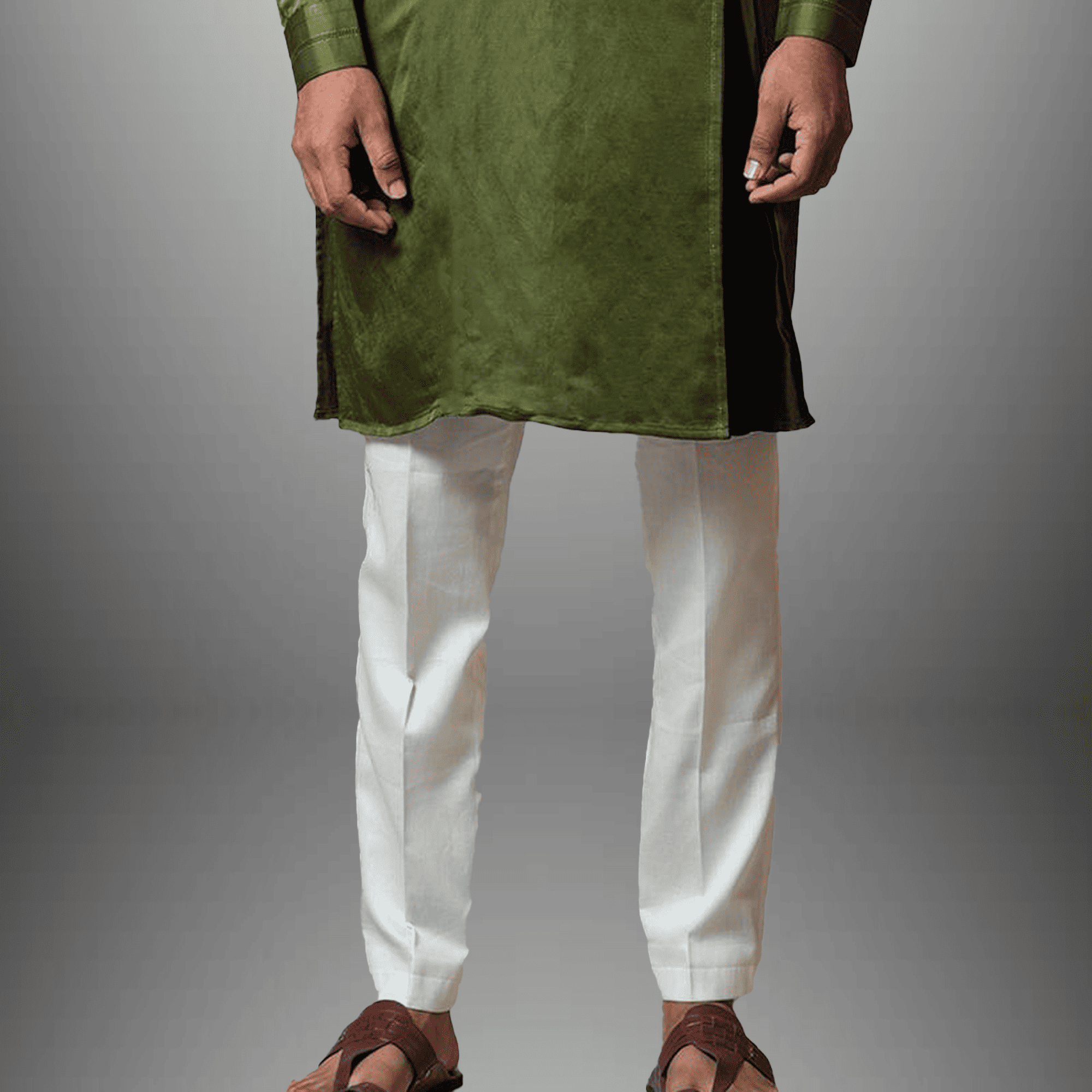 Men's set of Green Kurta with sleeve cuff & White Pajama-RMEK018