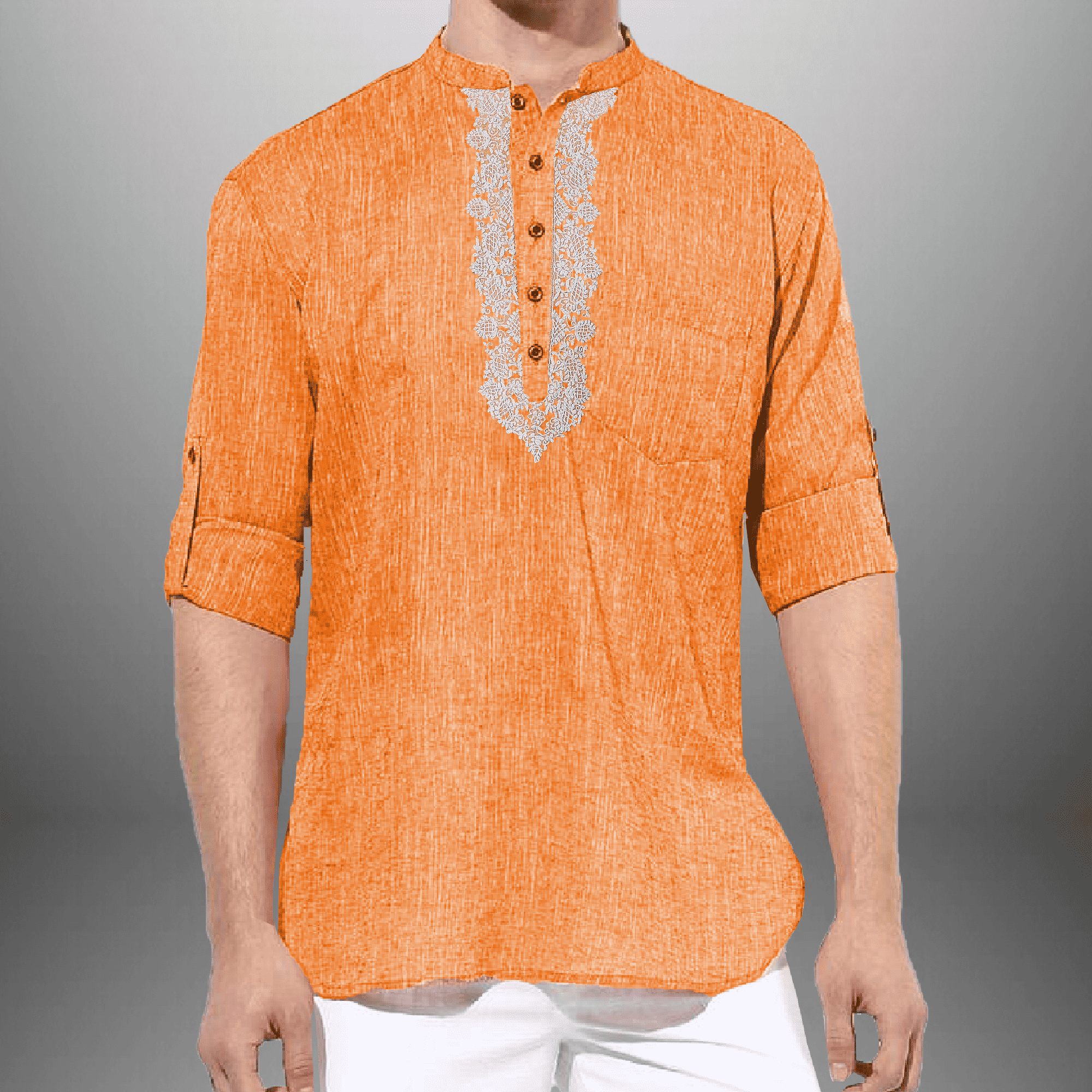Men's Orange Cotton Short kurta with embroidery work-RMEK002