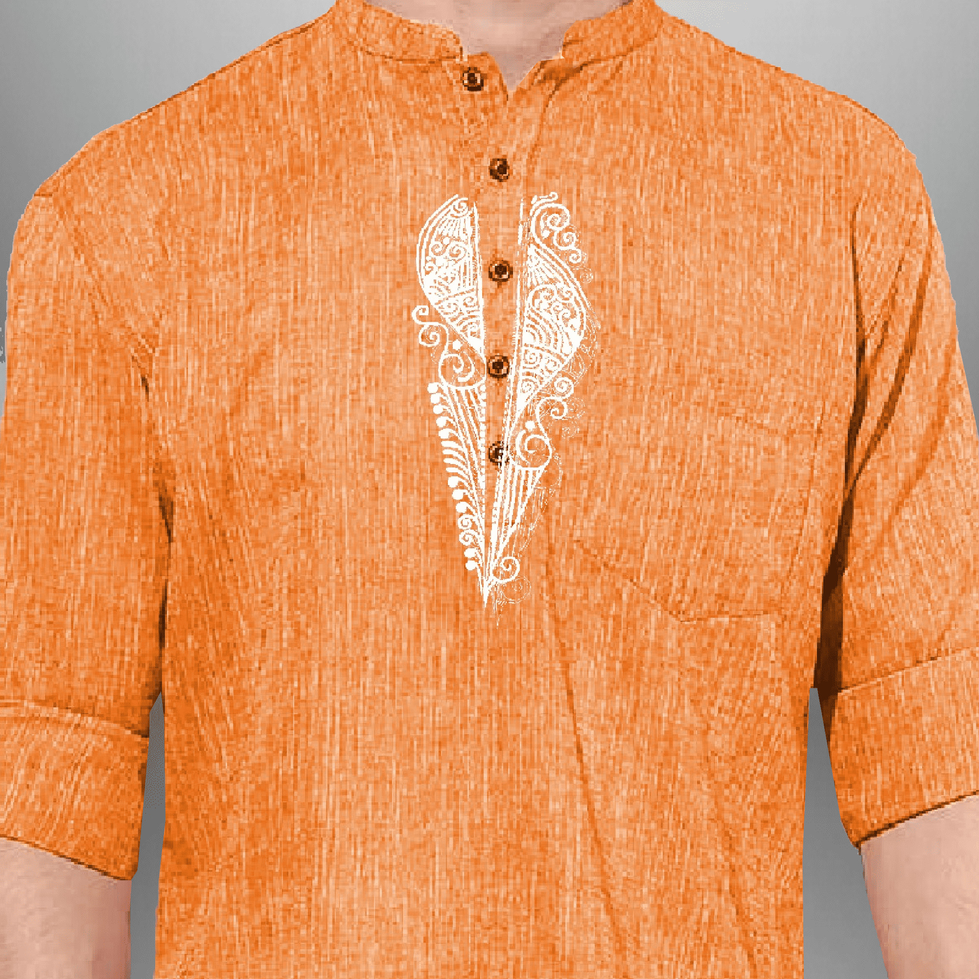 Men's Orange Cotton Short kurta with traditional motif-RMEK004