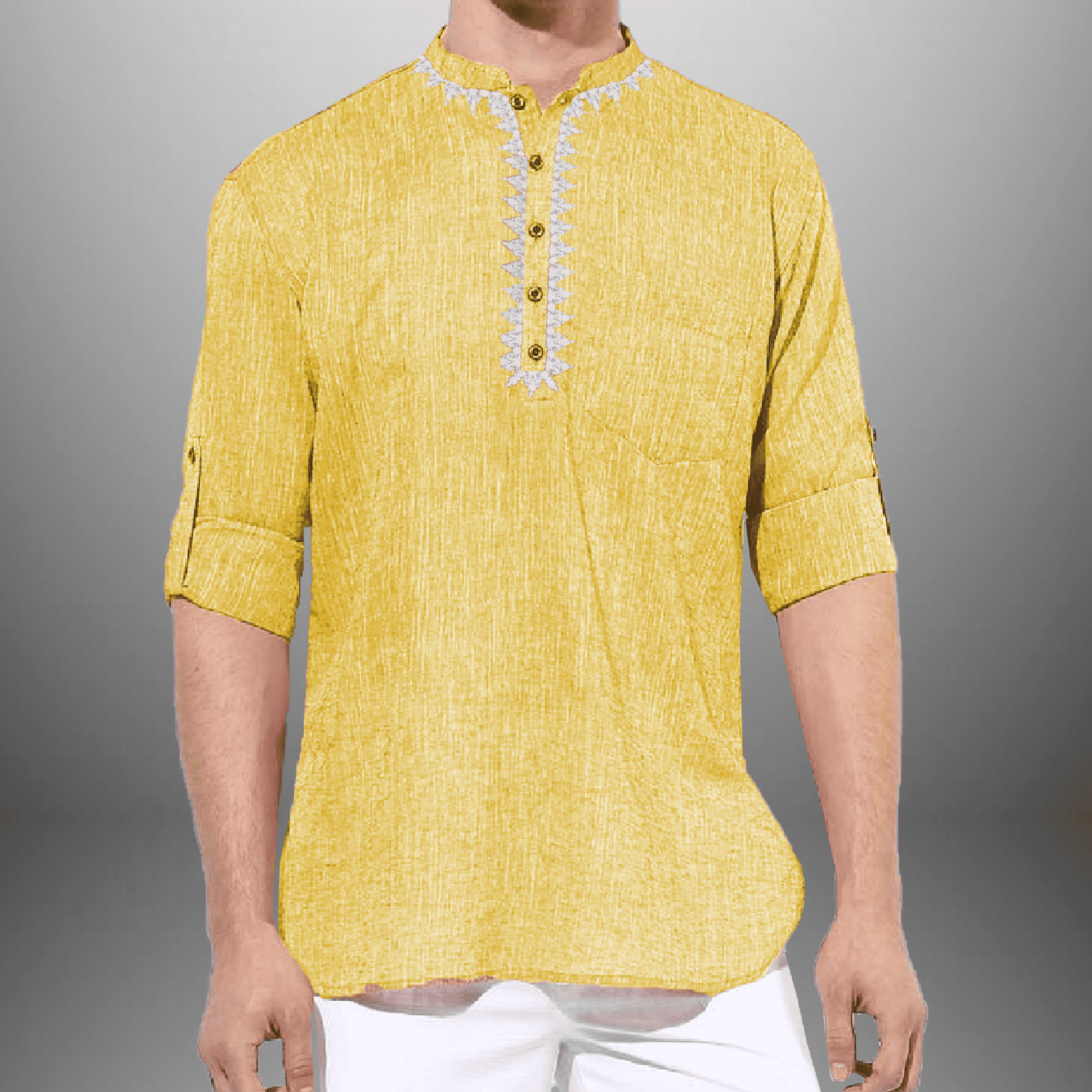 Men's Yellow Cotton Short kurta with embroidery work-RMEK003