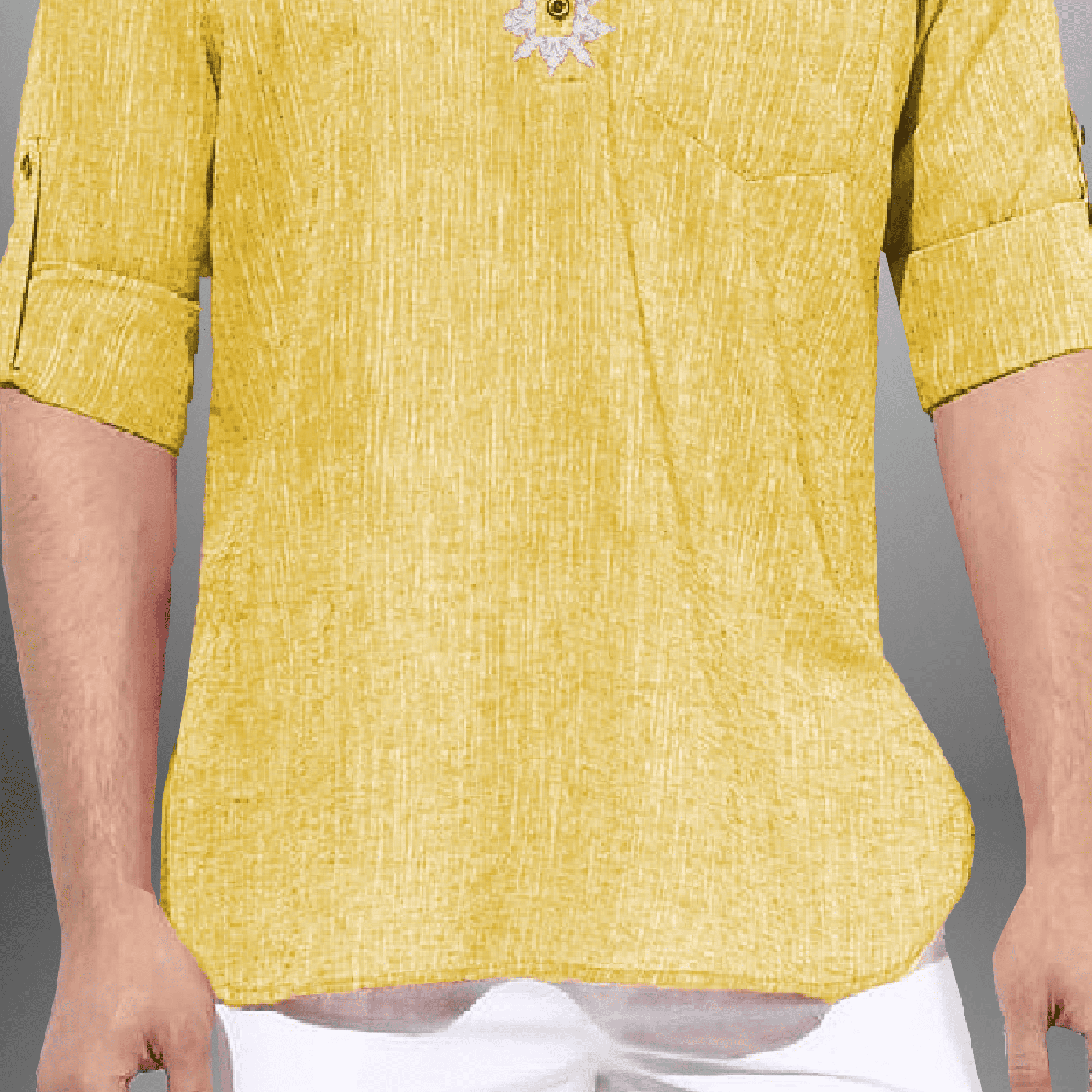 Men's Yellow Cotton Short kurta with embroidery work-RMEK003