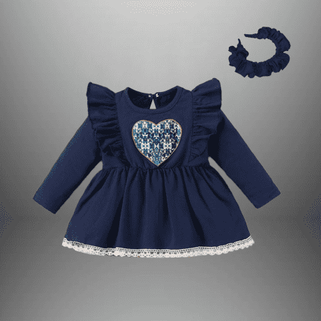 Toddler's Navy blue frock with lace border and patched heart-RKFCTT089