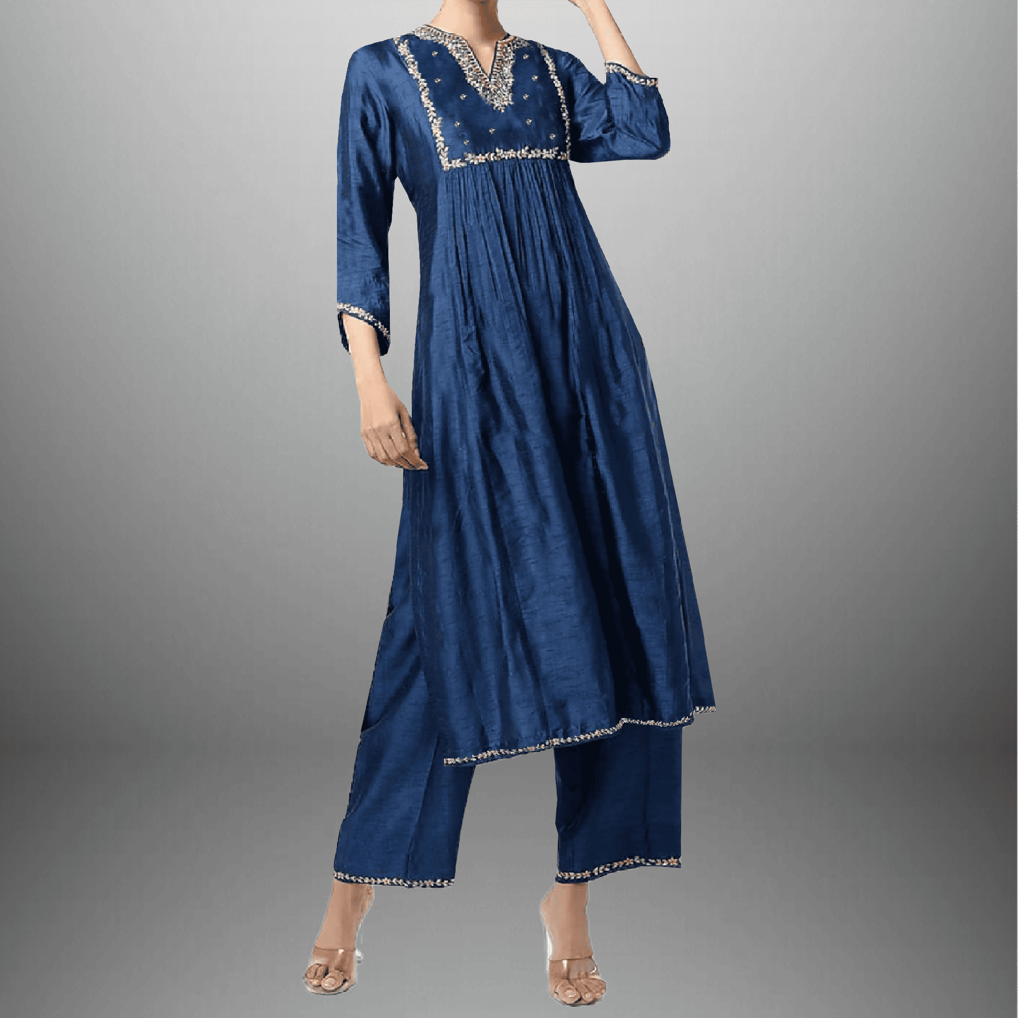 Women's Blue kurti with Golden embroidery and Golden lace border-RWKS038