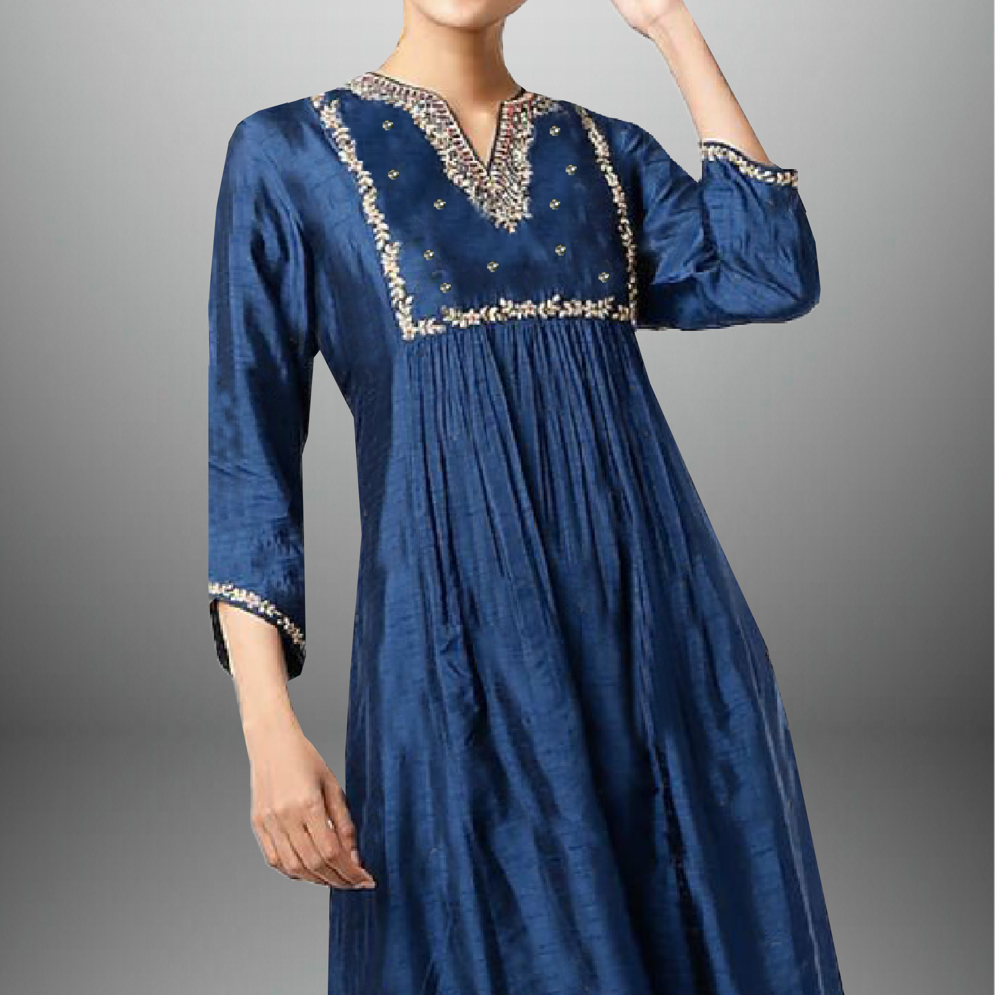 Women's Blue kurti with Golden embroidery and Golden lace border-RWKS038