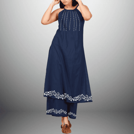 Women's Halter neck Blue kurti with front Embroidery and Hand Painting-RWKS044