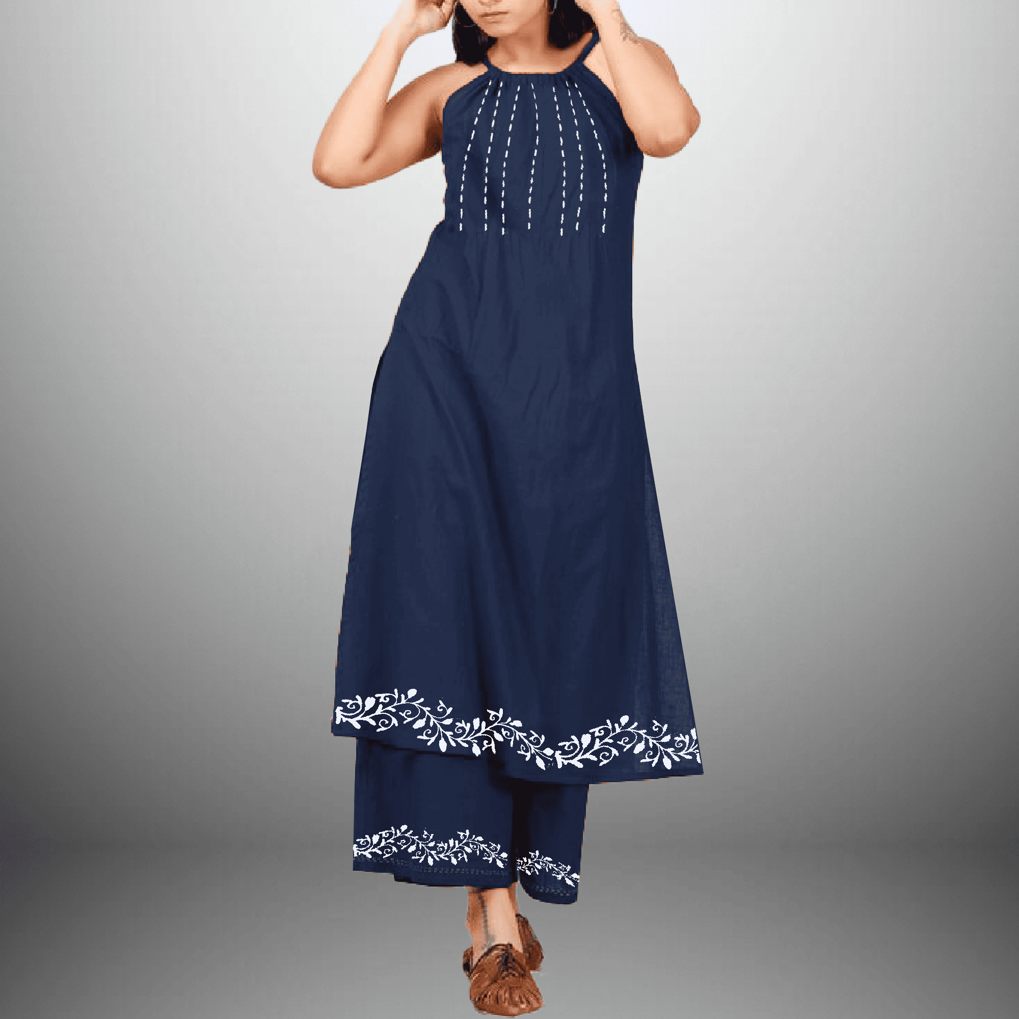 Women's Halter neck Blue kurti with front Embroidery and Hand Painting-RWKS044