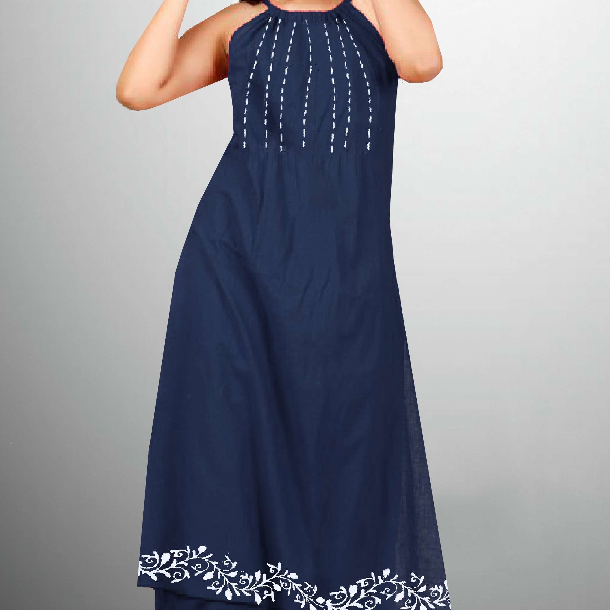 Women's Halter neck Blue kurti with front Embroidery and Hand Painting-RWKS044