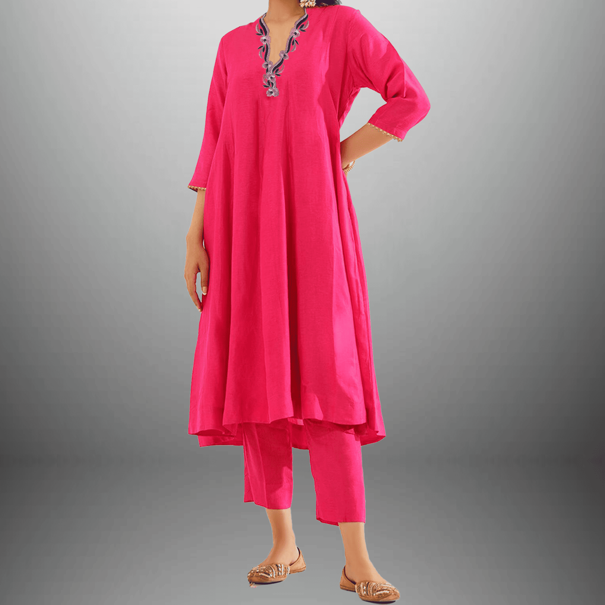 Women's Bubblegum Pink Kurti set with Blue embroidery on neckline-RWKS051