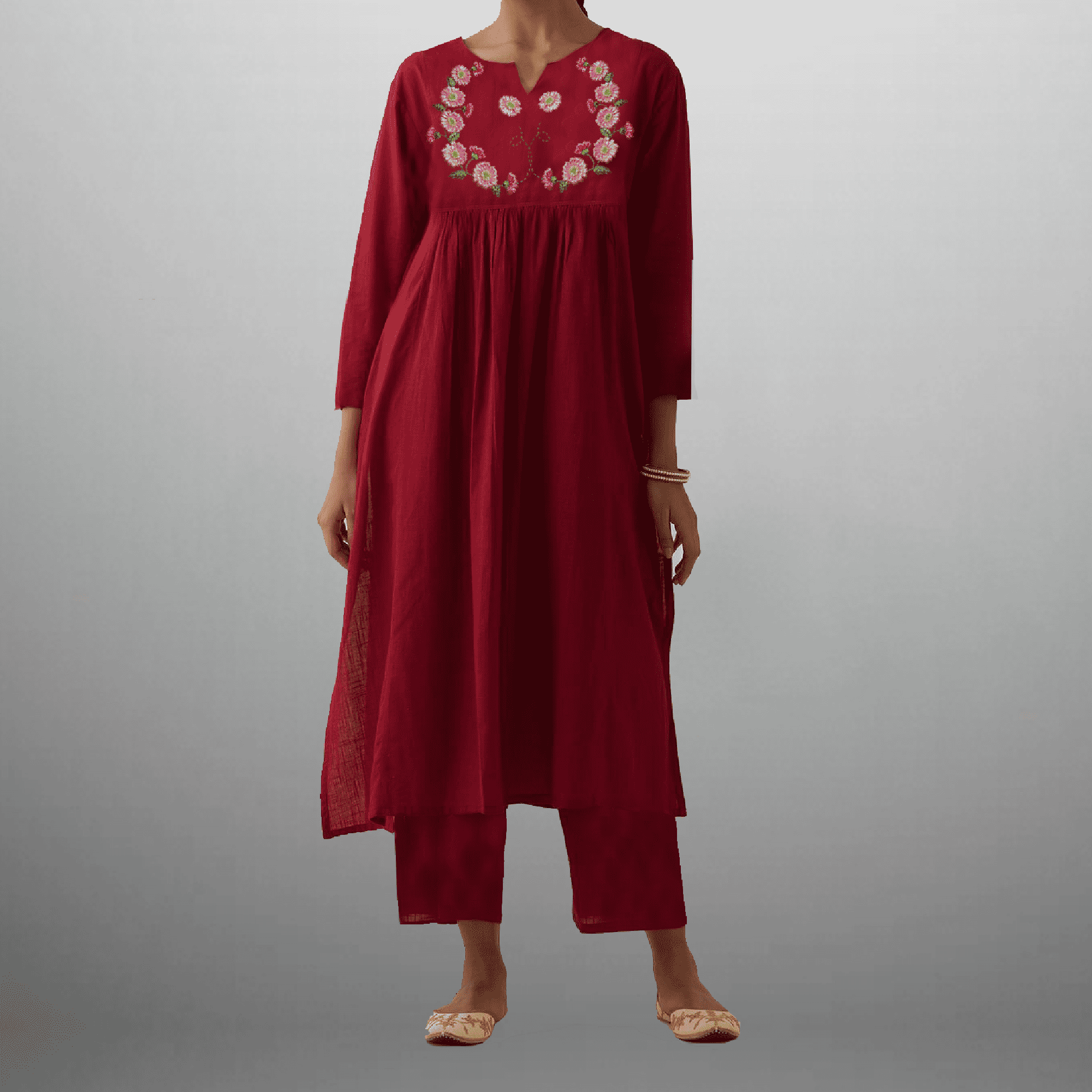 Women's Cherry red Kurti with front floral ribbon work and pant-RWKS032