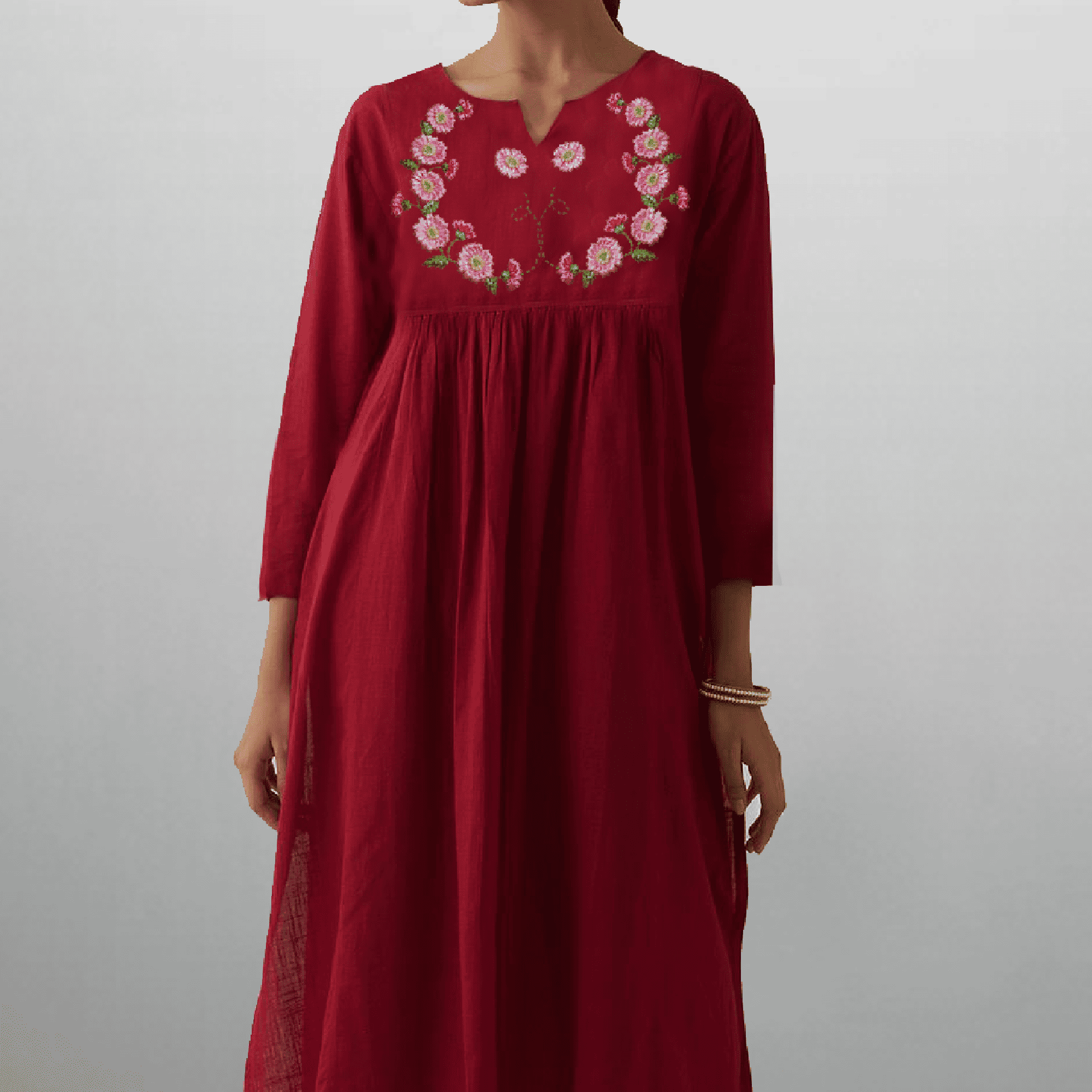 Women's Cherry red Kurti with front floral ribbon work and pant-RWKS032