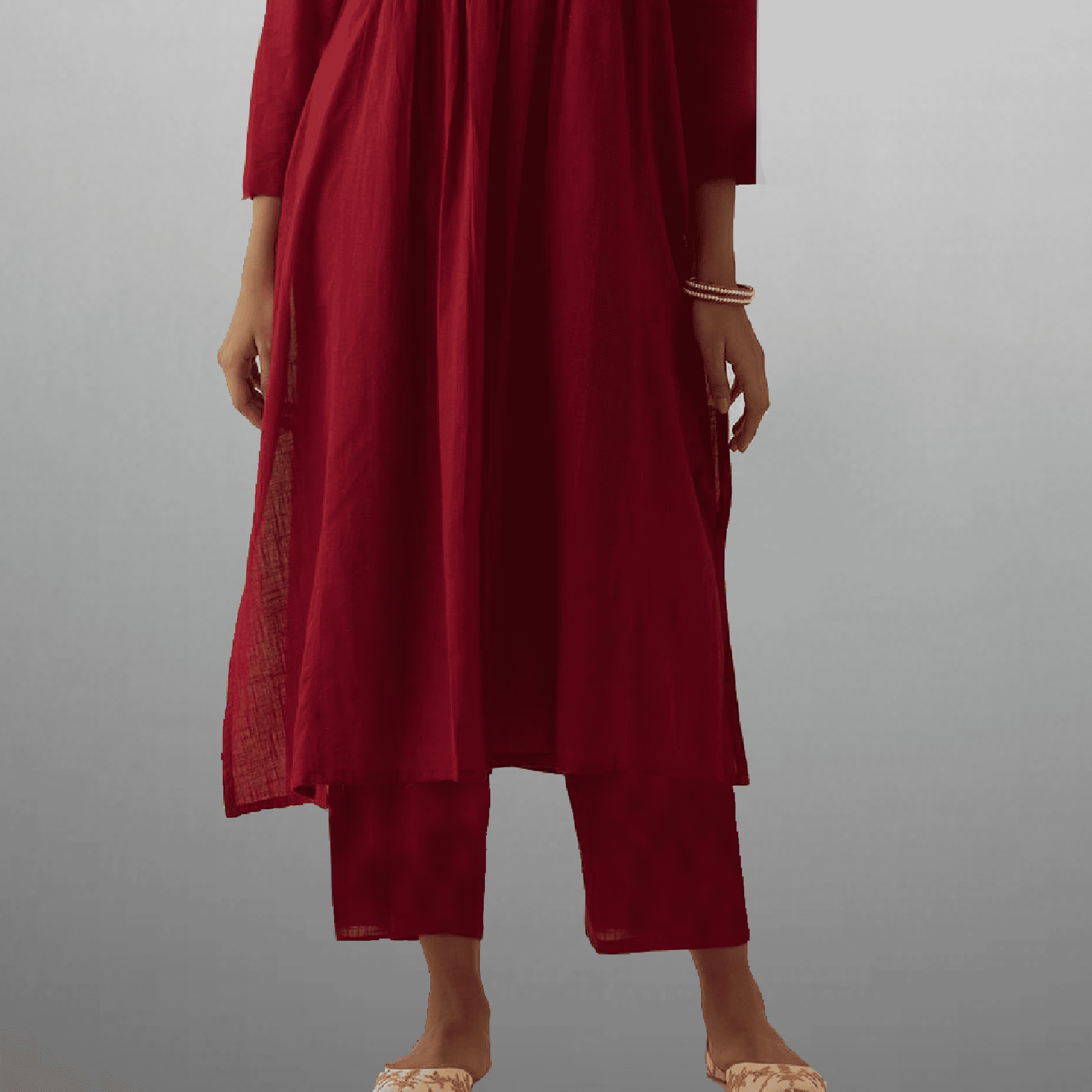 Women's Cherry red Kurti with front floral ribbon work and pant-RWKS032
