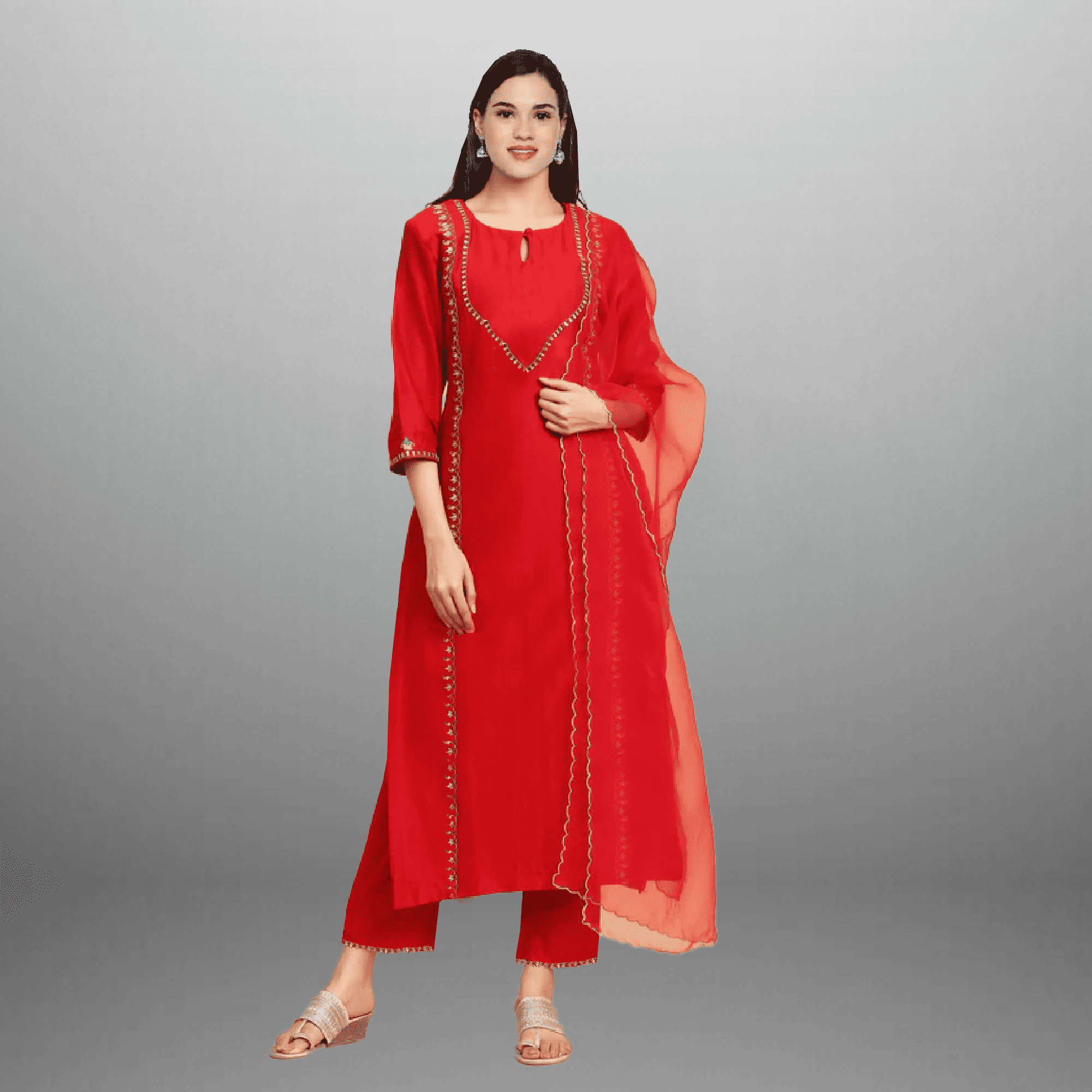 Women's cherry red kurti set with with embroidery and lace border-RWKS039
