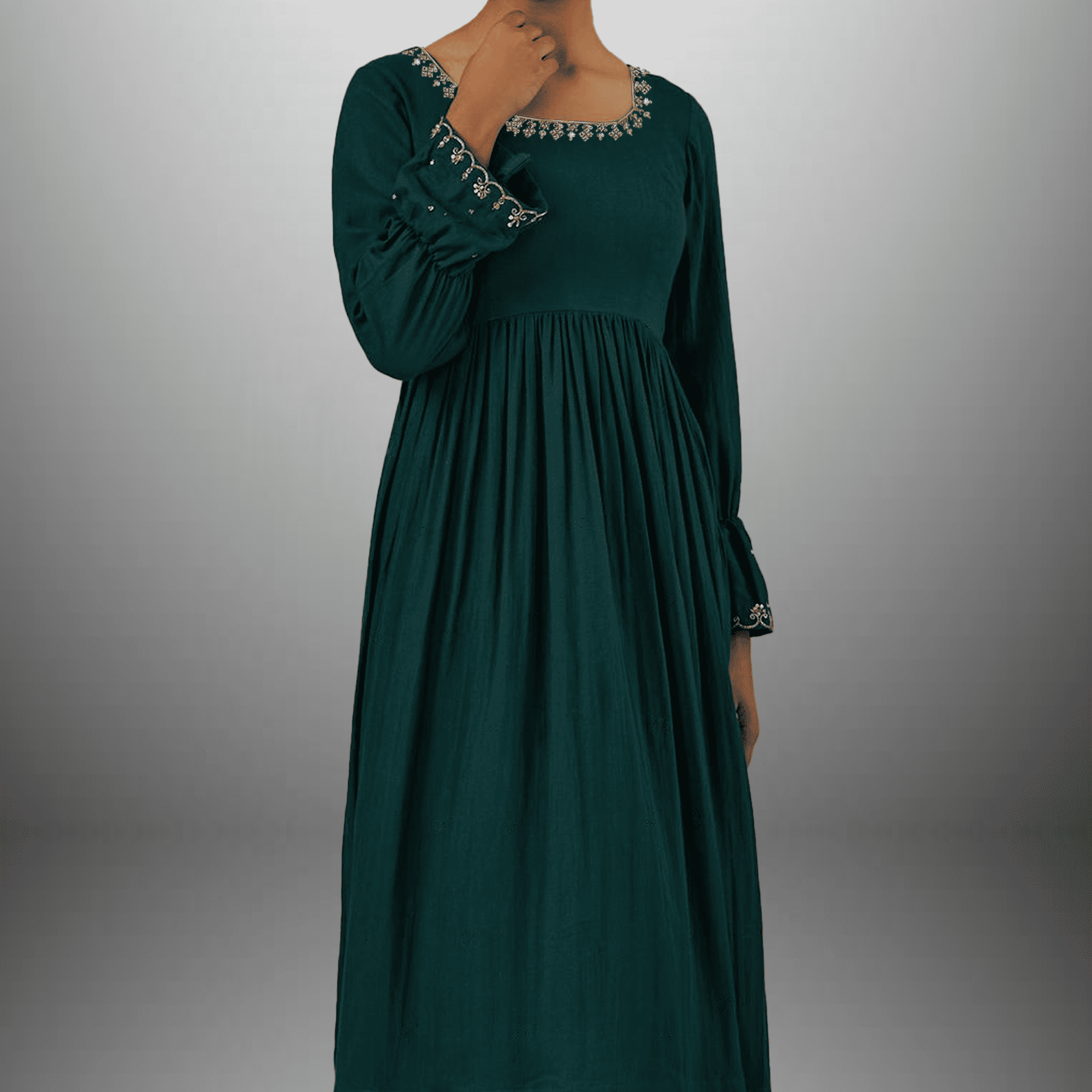 Women's  Forest Green Kurti with balloon sleeves and Pant-RWKS057
