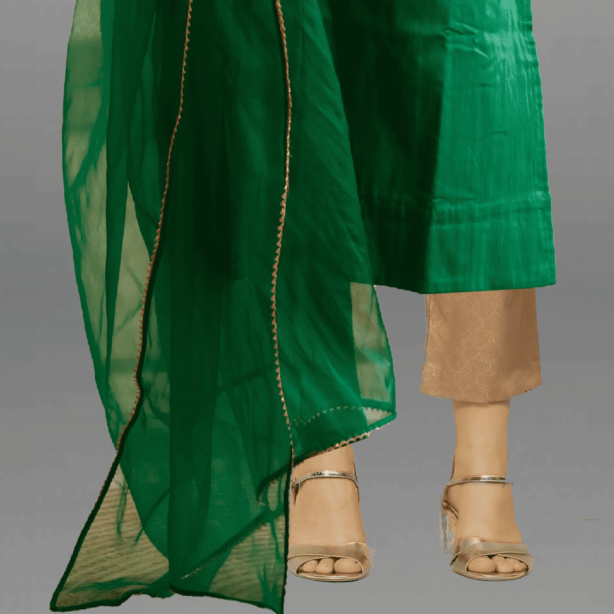 Women's Green kurti set with Embroidery work and lace border-RWKS042