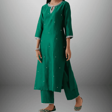 Women's Green Kurti set with neckline and sleeve embroidery-RWKS056