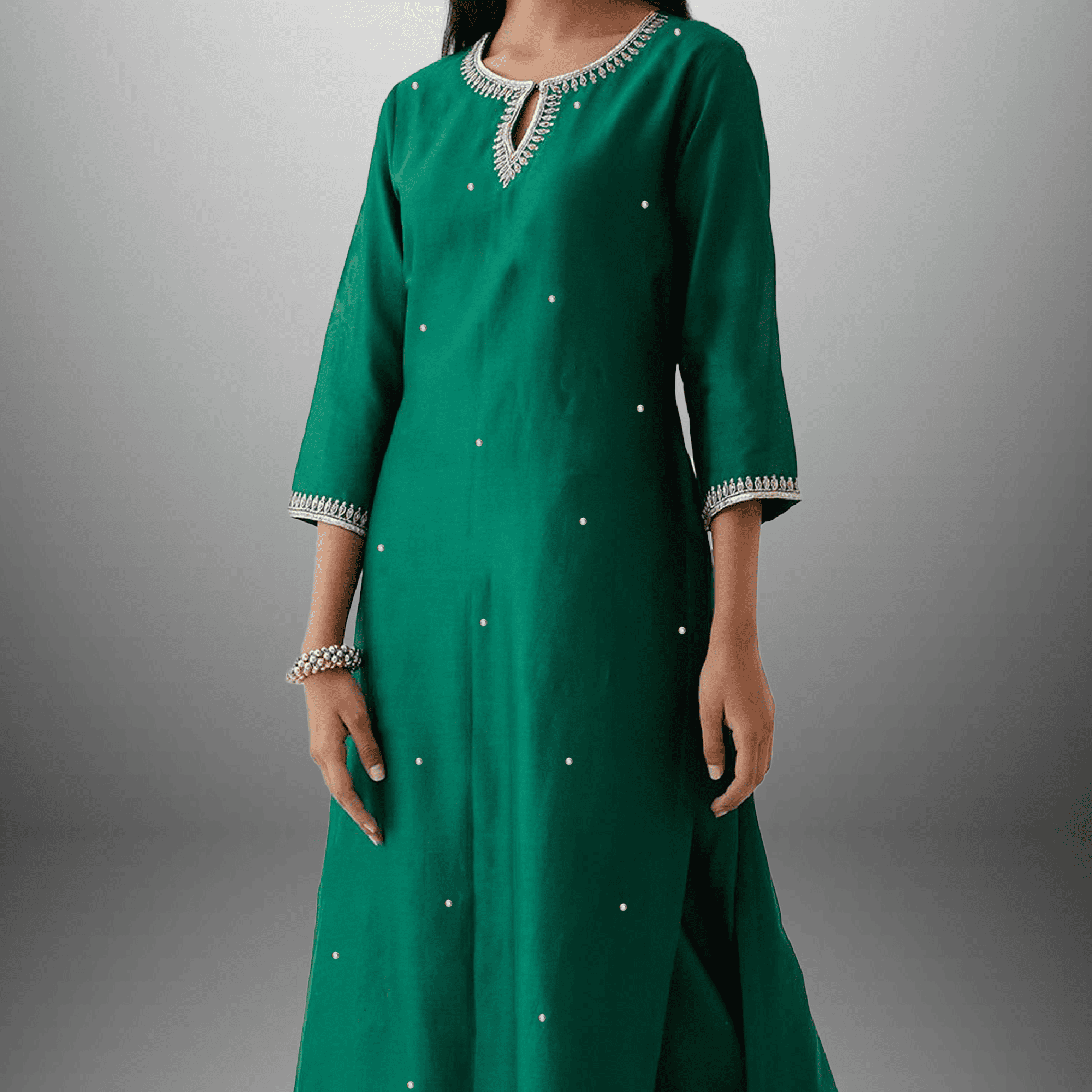 Women's Green Kurti set with neckline and sleeve embroidery-RWKS056