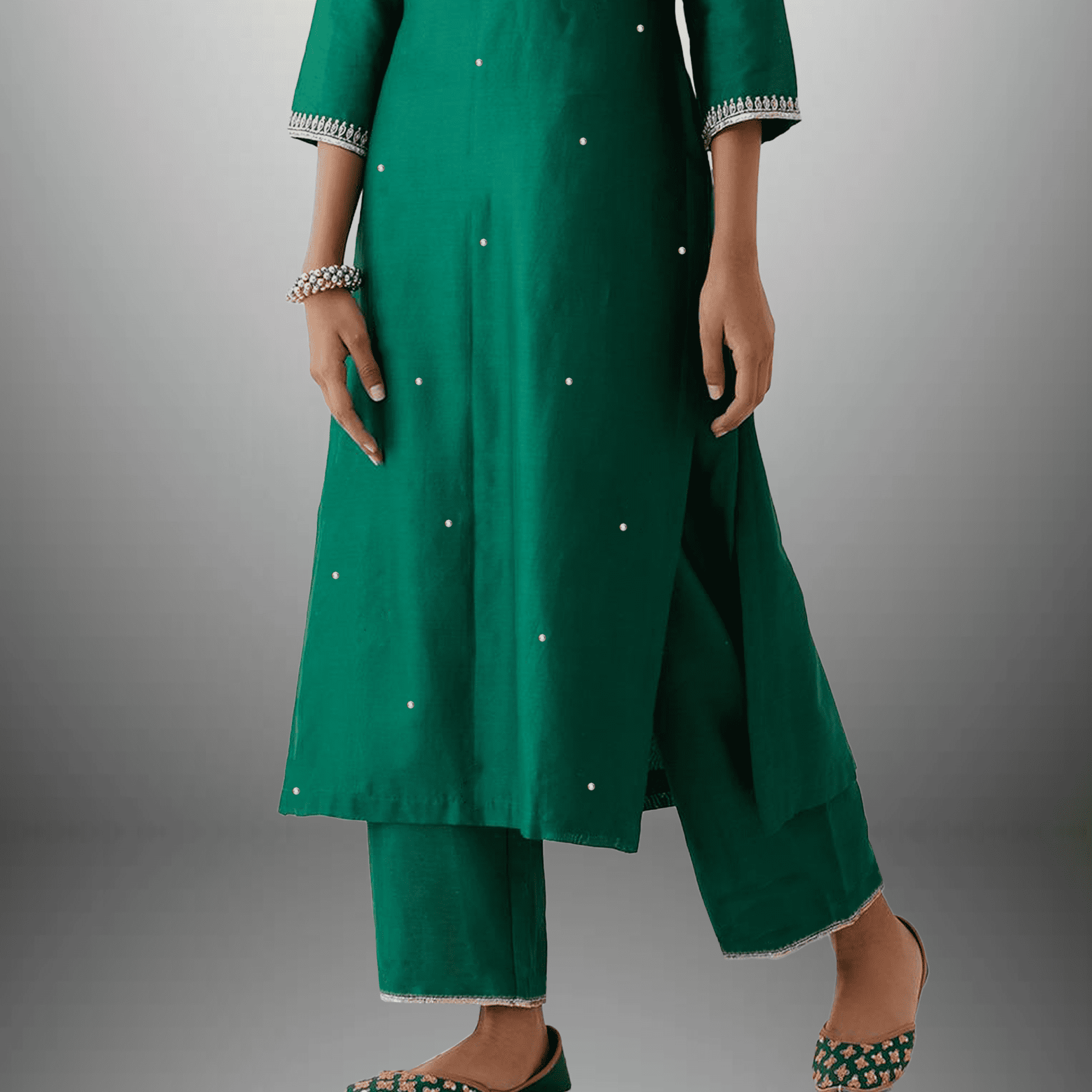 Women's Green Kurti set with neckline and sleeve embroidery-RWKS056