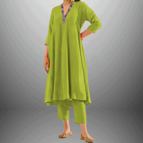 Women's Lime Green Pink Kurti set with Blue embroidery on neckline-RWKS052