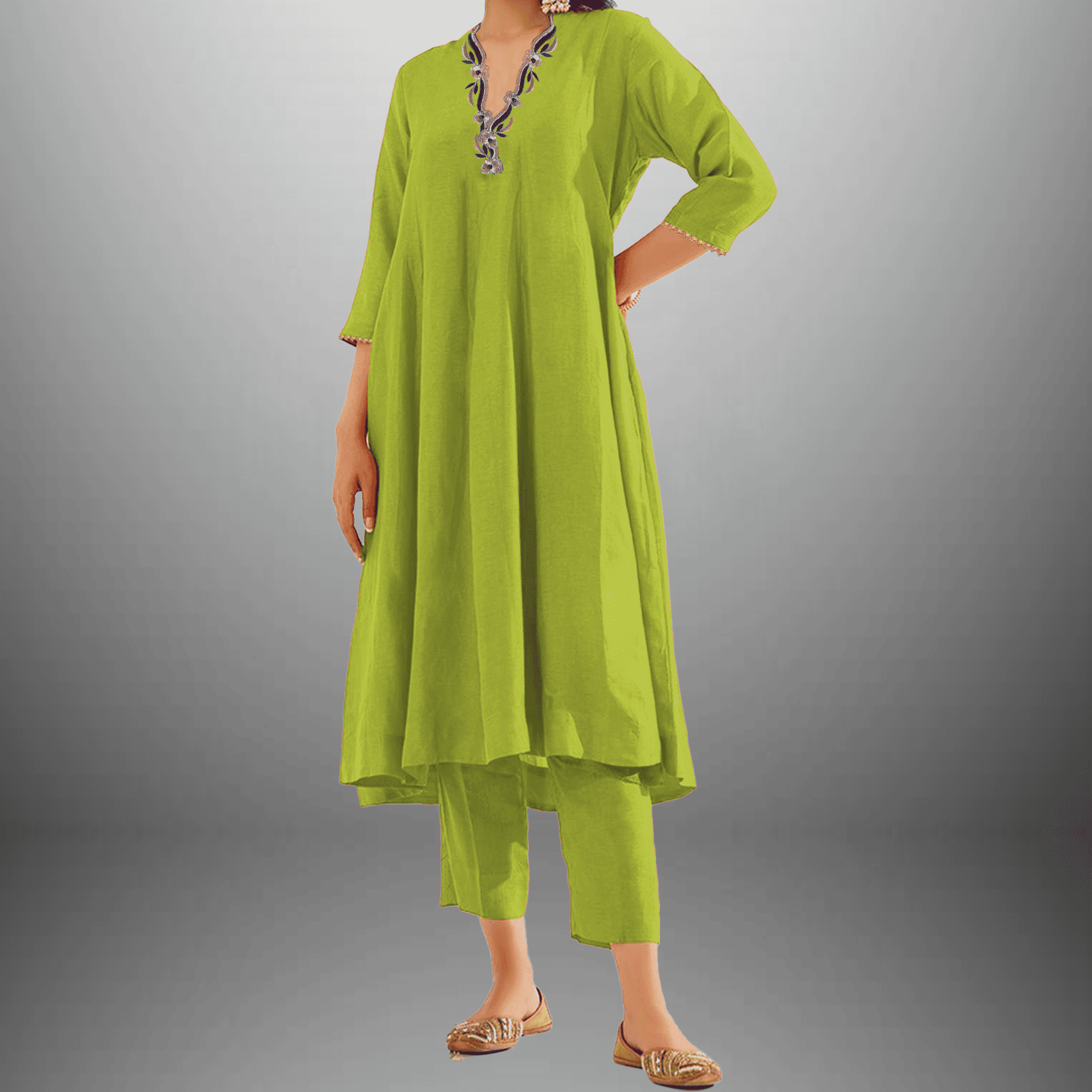 Women's Lime Green Pink Kurti set with Blue embroidery on neckline-RWKS052