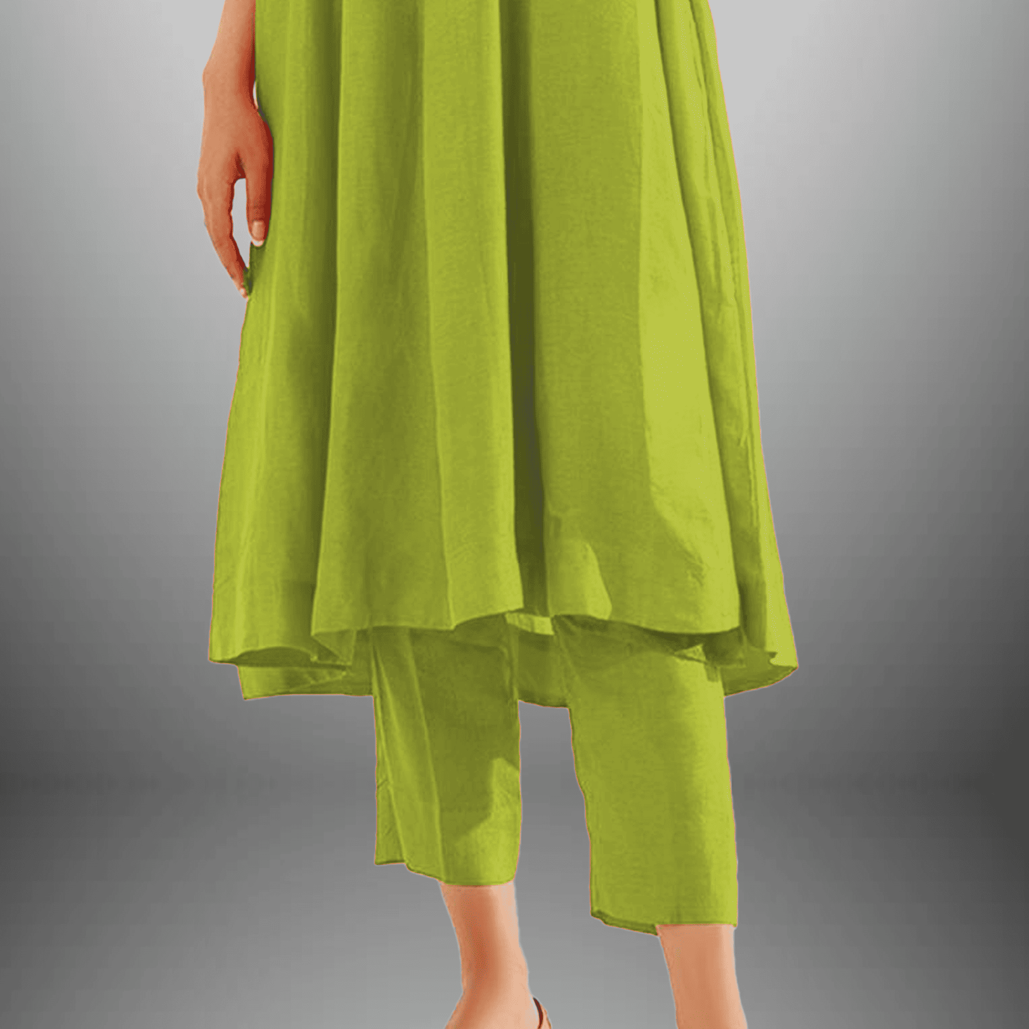 Women's Lime Green Pink Kurti set with Blue embroidery on neckline-RWKS052
