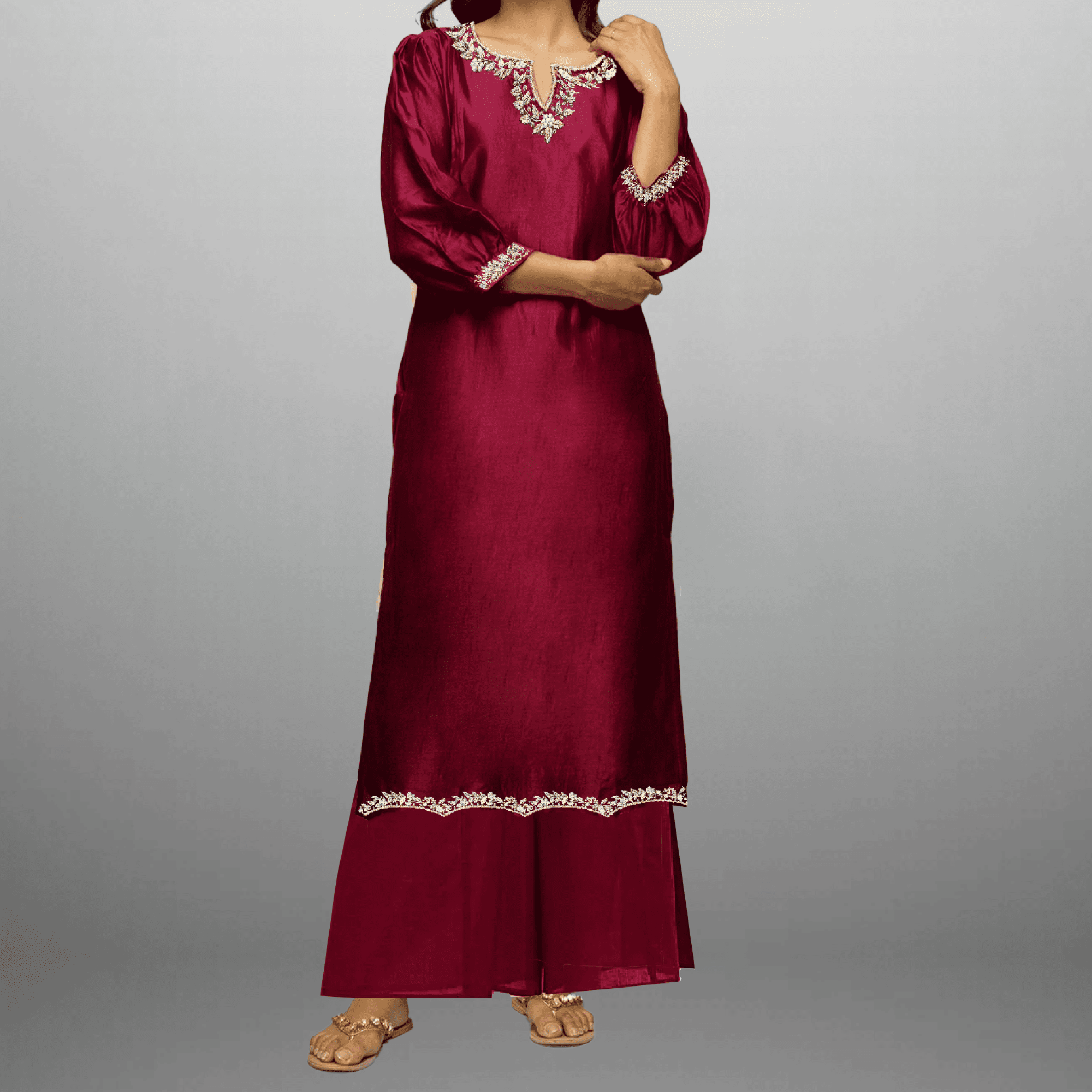 Women's Maroon Kurti with Embroidery work and palazzo-RWKS030