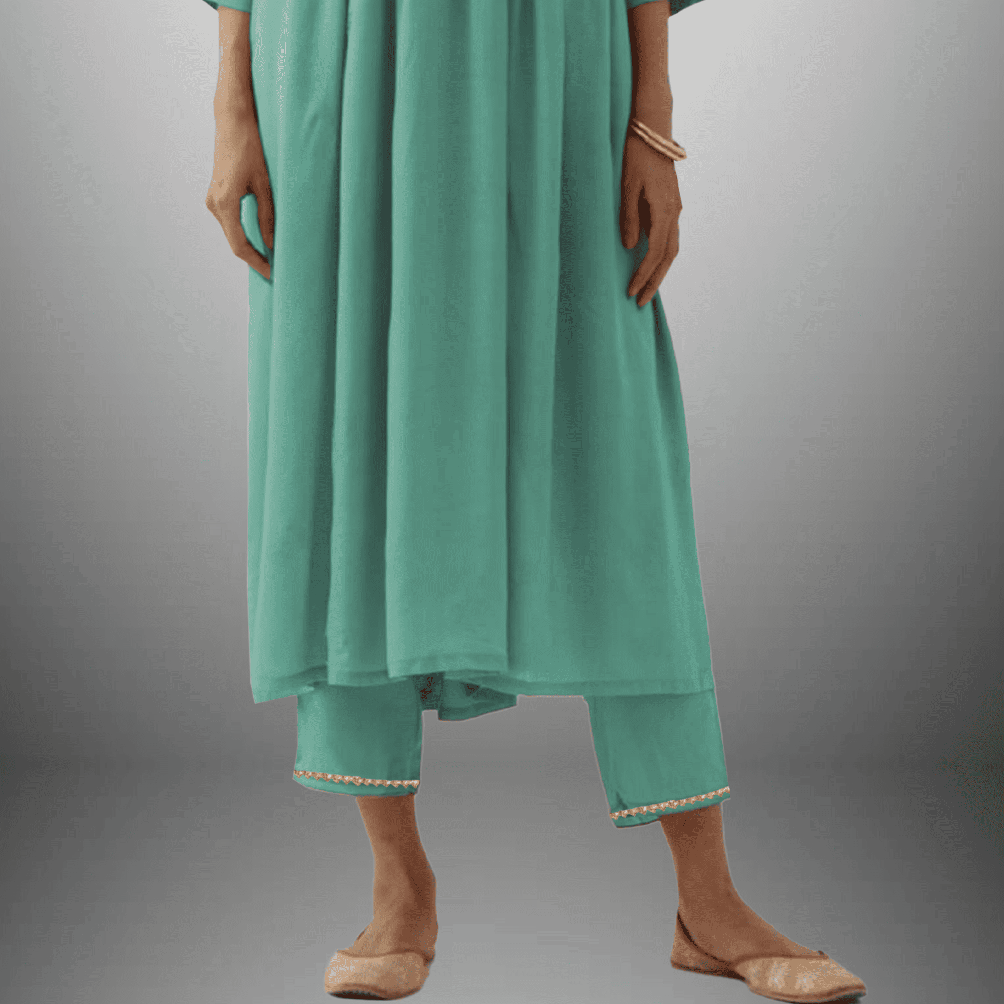 Women's  Mint Green Kurti set with Golden lace border and Embroidery on front-RWKS047