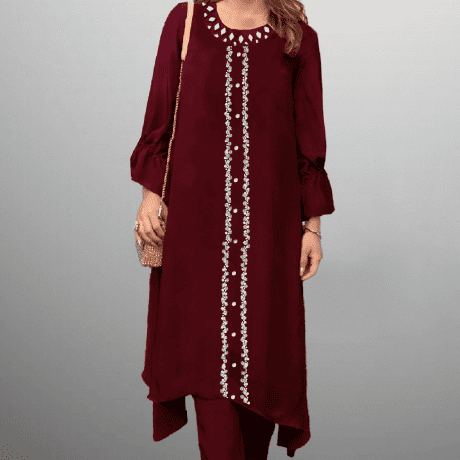 Women's Maroon Color kurti set with mirror work and embroidery with bead work-RWKS037