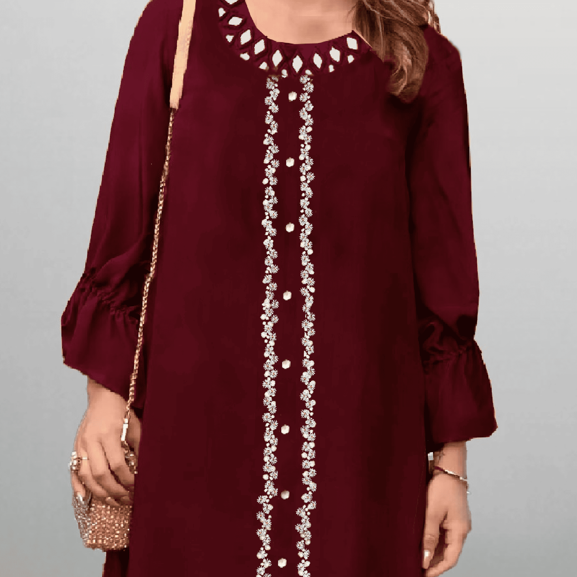 Women's Maroon Color kurti set with mirror work and embroidery with bead work-RWKS037