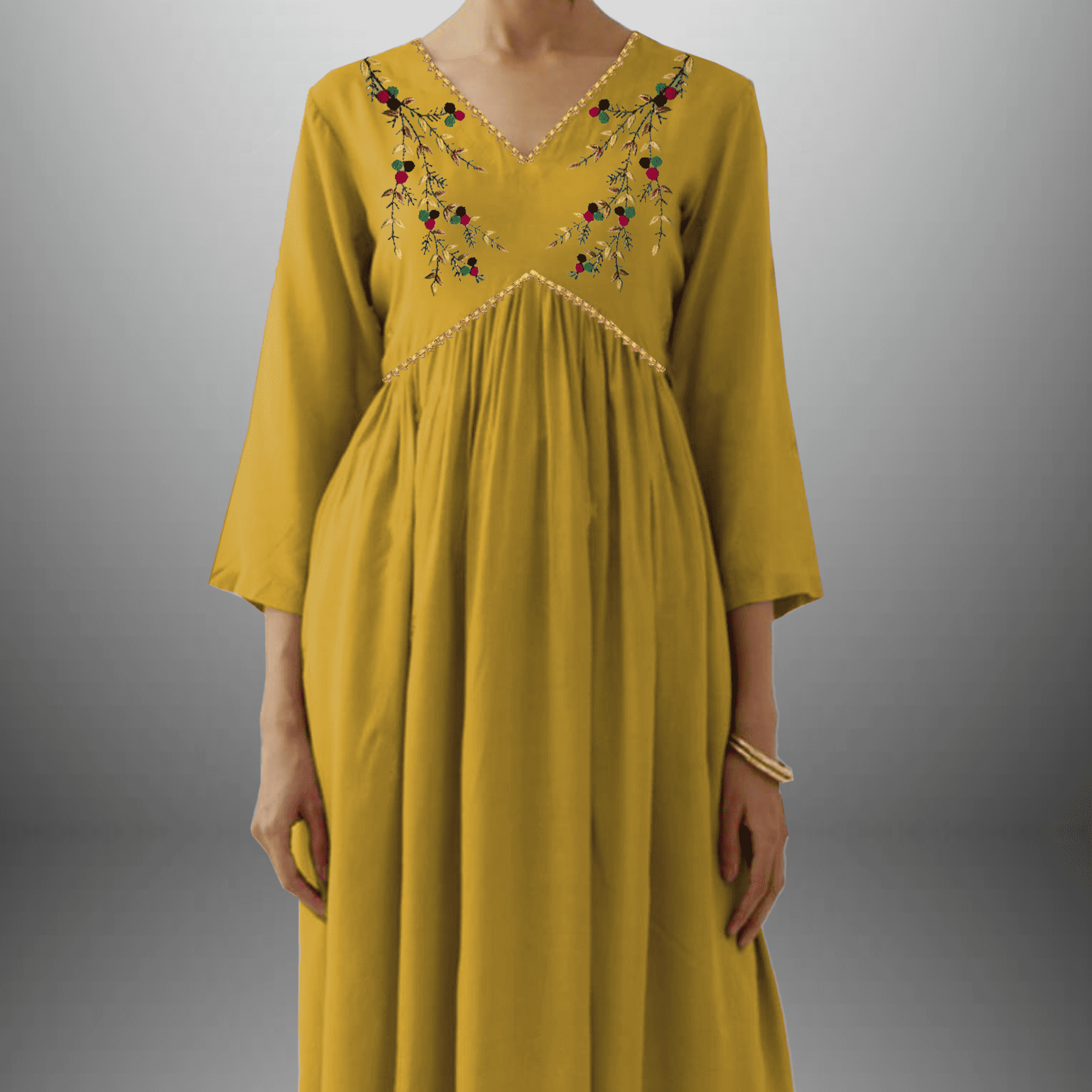 Women's Mustered Yellow Kurti set with Golden lace border and Embroidery on front-RWKS048