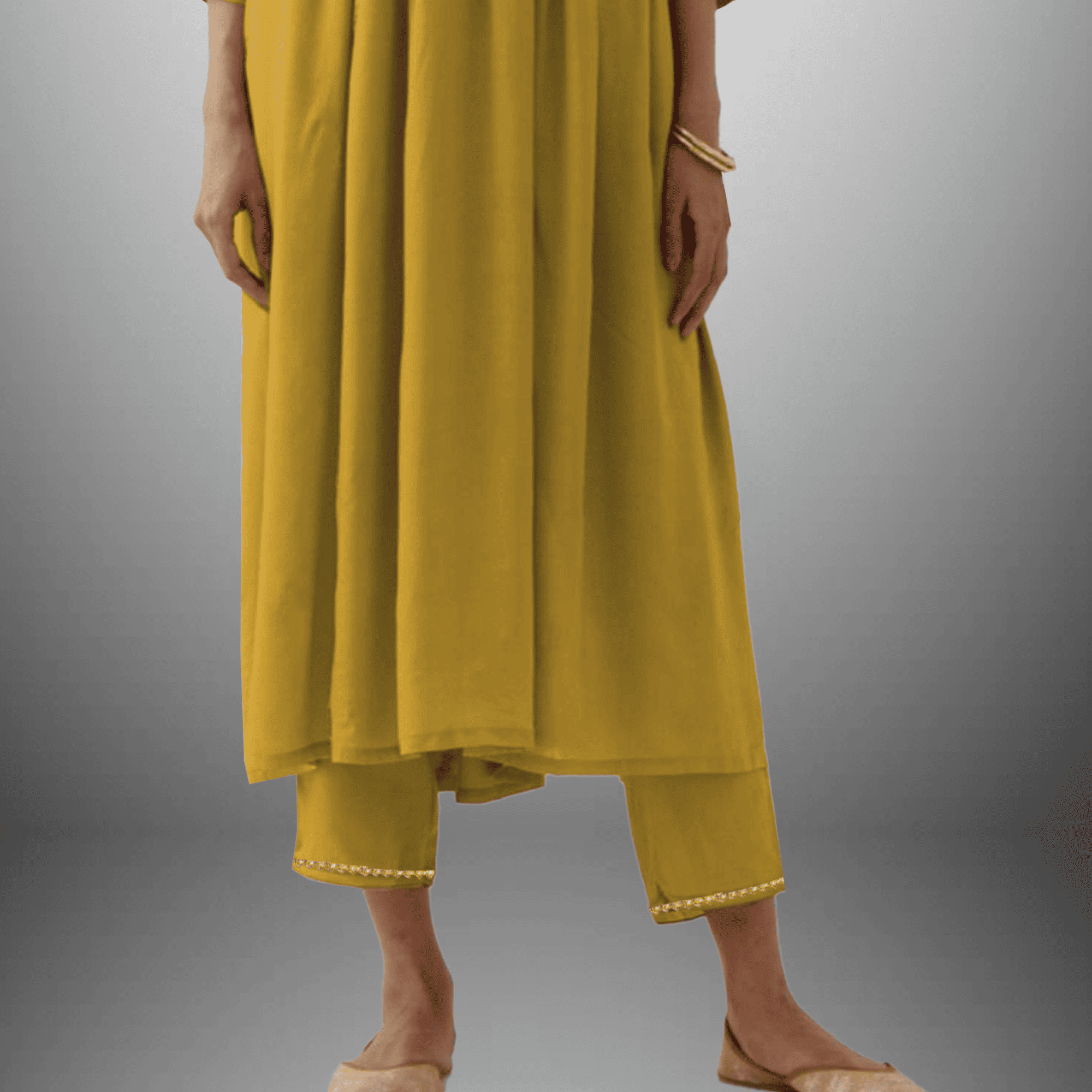 Women's Mustered Yellow Kurti set with Golden lace border and Embroidery on front-RWKS048