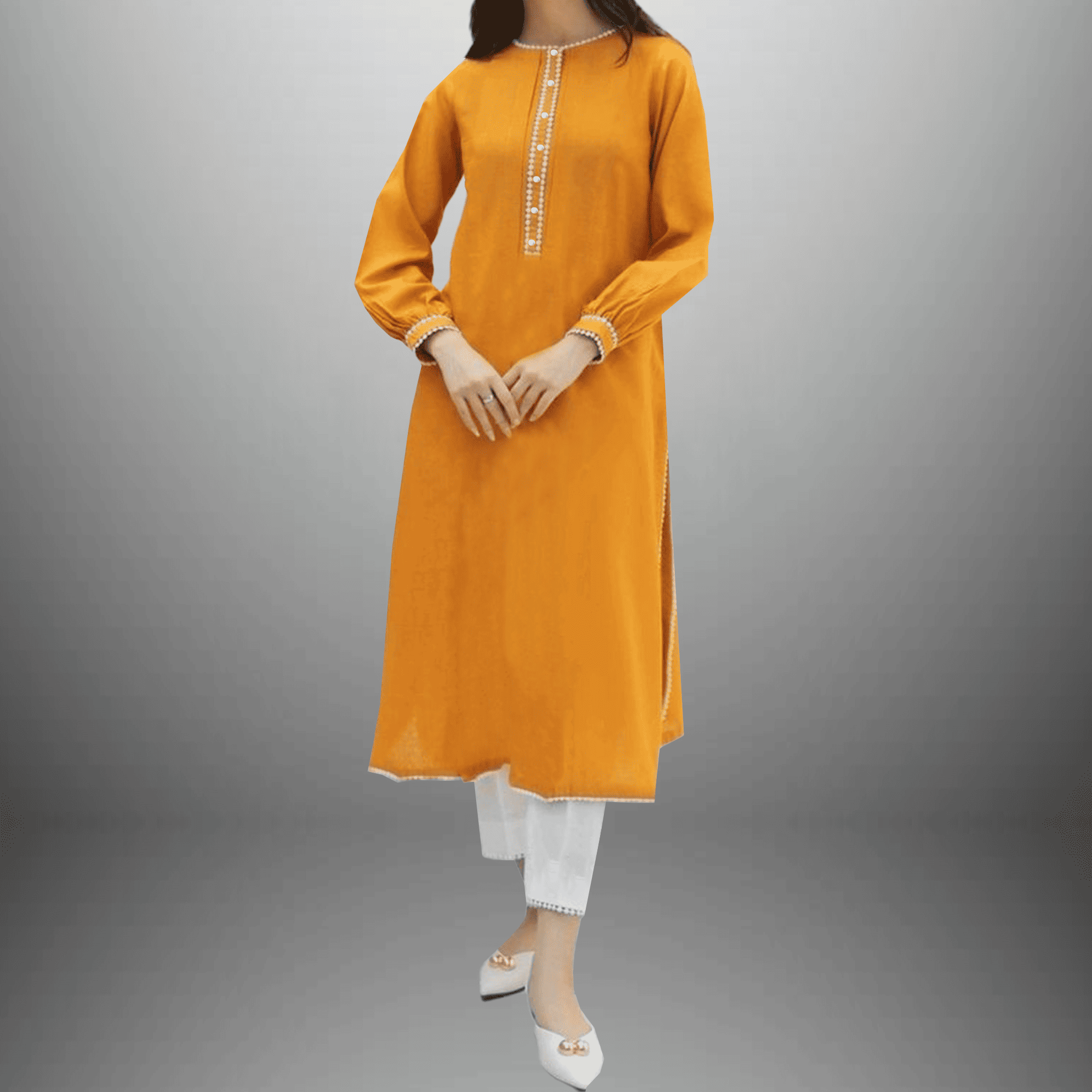 Women's orange full sleeve kurti with white pant-RWKS046