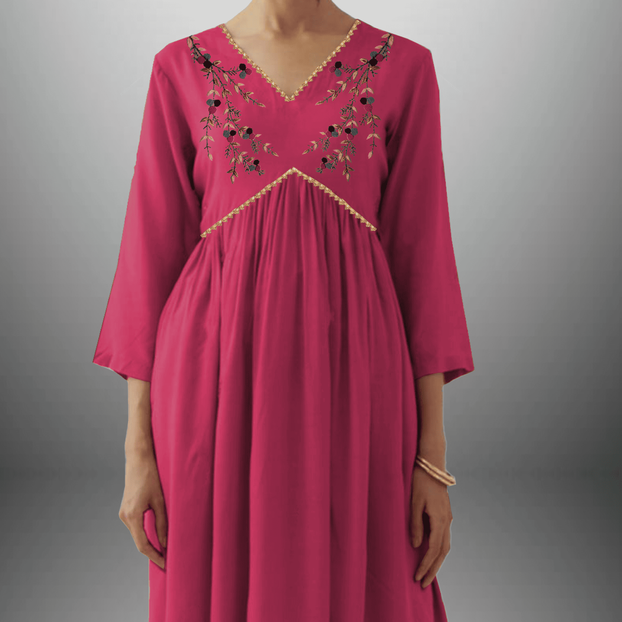 Women's Pink Kurti set with Golden lace border and Embroidery on front-RWKS049