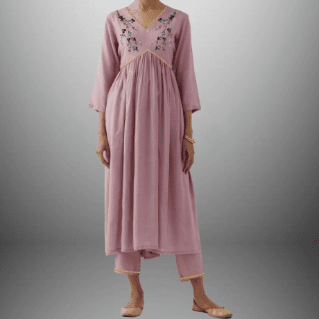 Women's Lavender Kurti set with Golden lace border and Embroidery on front-RWKS050