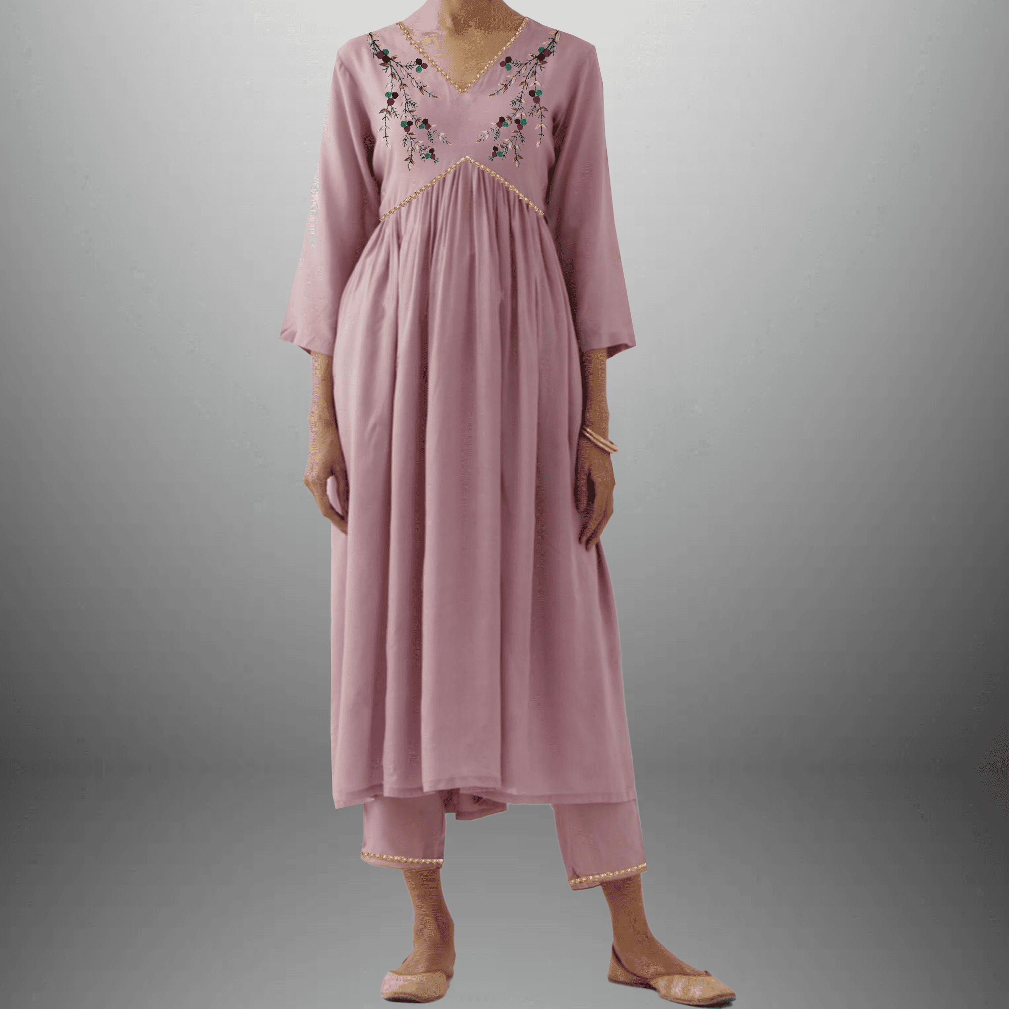 Women's Lavender Kurti set with Golden lace border and Embroidery on front-RWKS050
