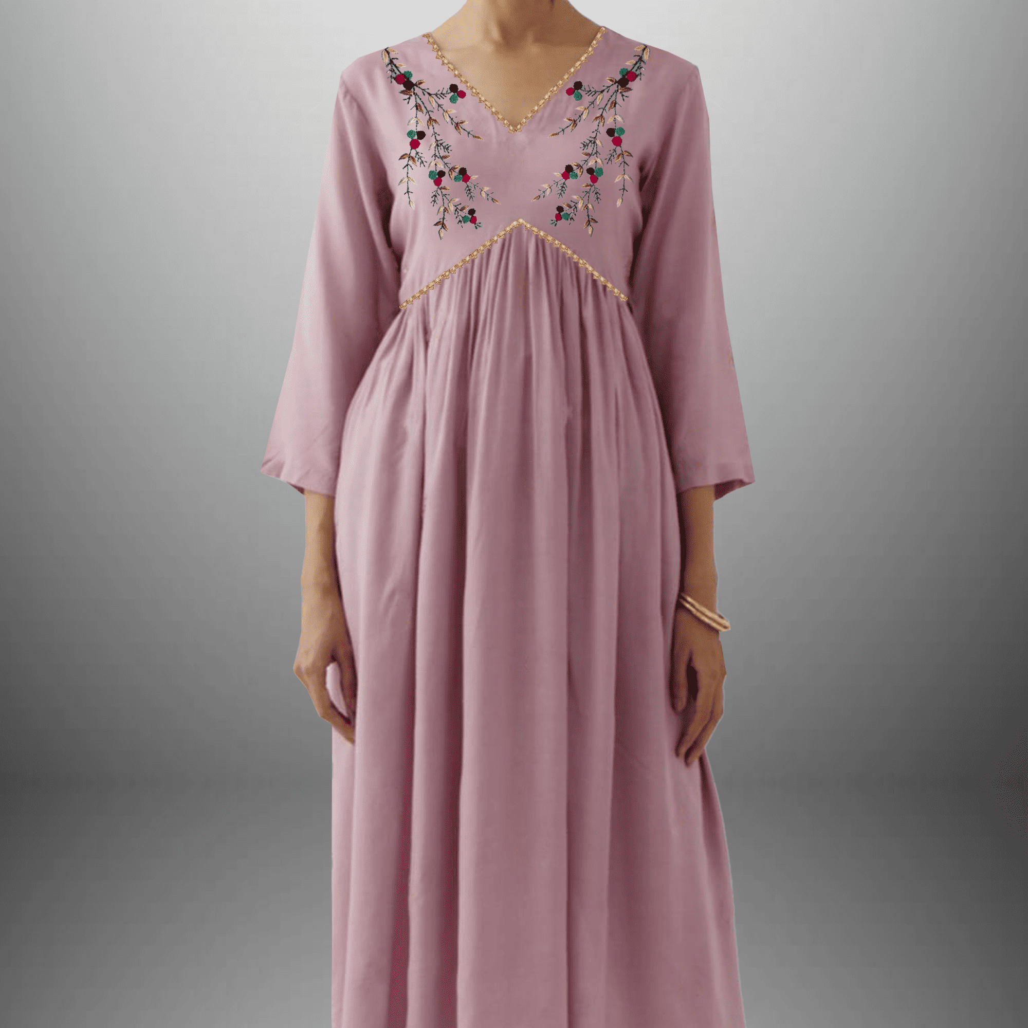 Women's Lavender Kurti set with Golden lace border and Embroidery on front-RWKS050