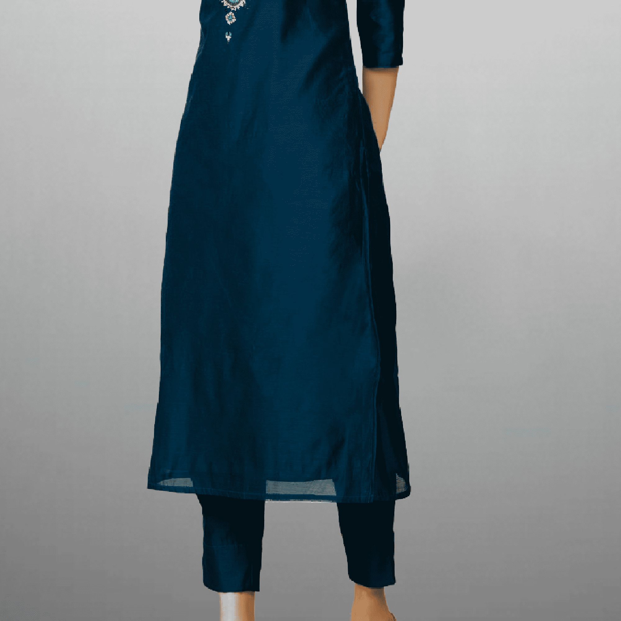 Women's Prussian blue Kurti set with front embroidery-RWKS035