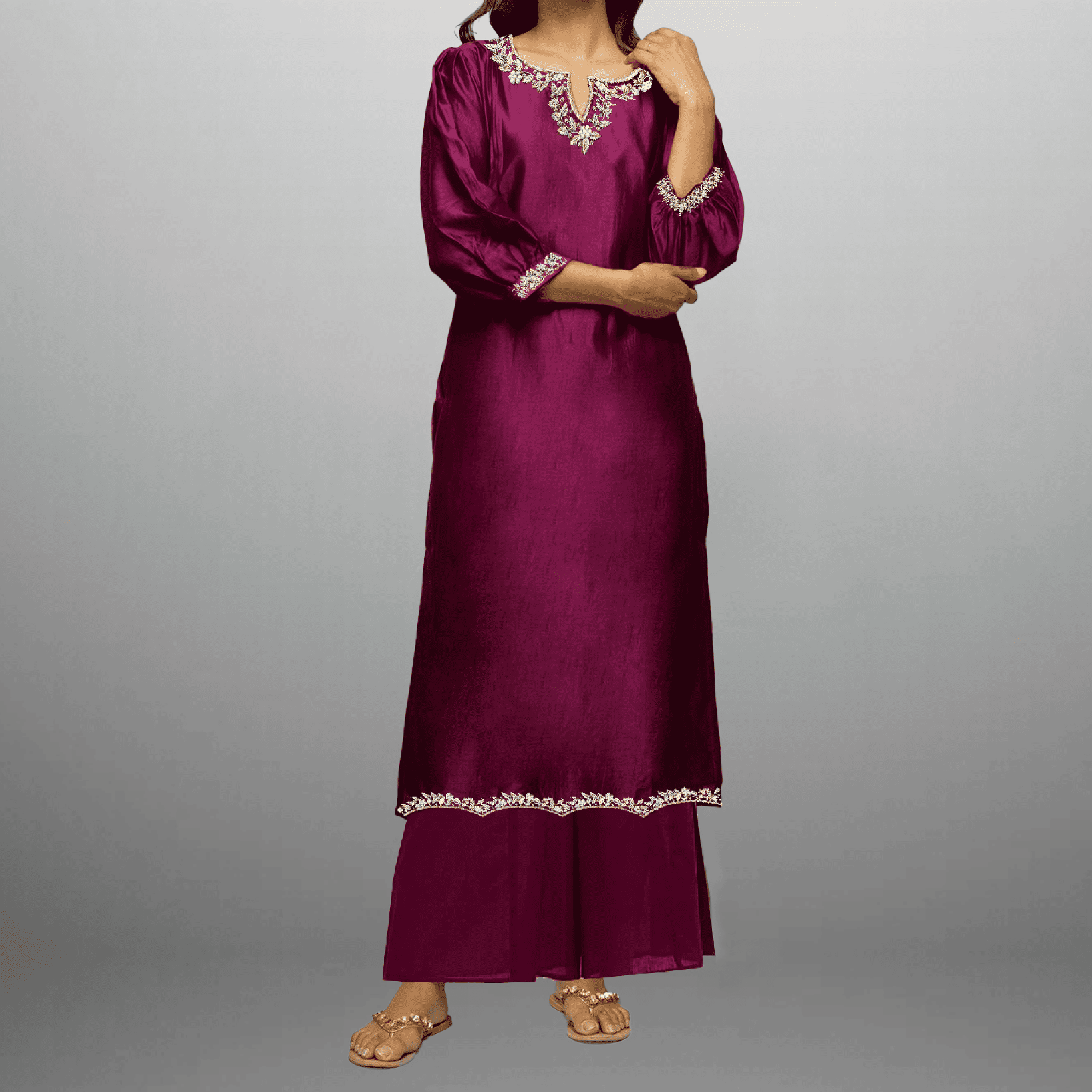 Women's Purple Kurti with Embroidery work and palazzo-RWKS031