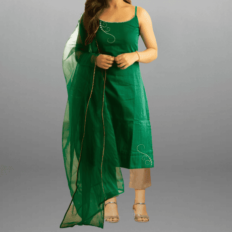 Women's Green kurti set & Golden pants with kundhan work and lace border-RWKS040