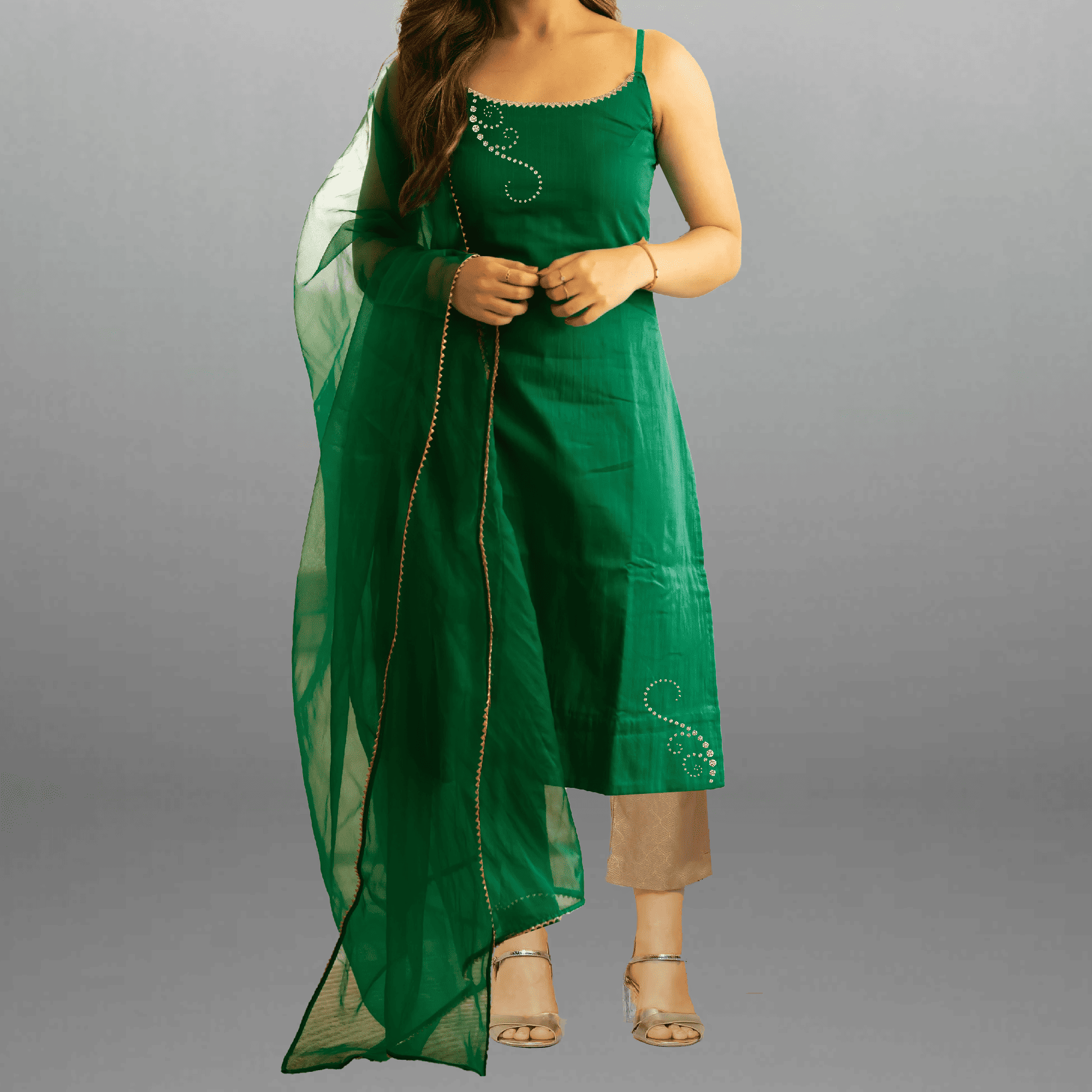 Women's Green kurti set & Golden pants with kundhan work and lace border-RWKS040