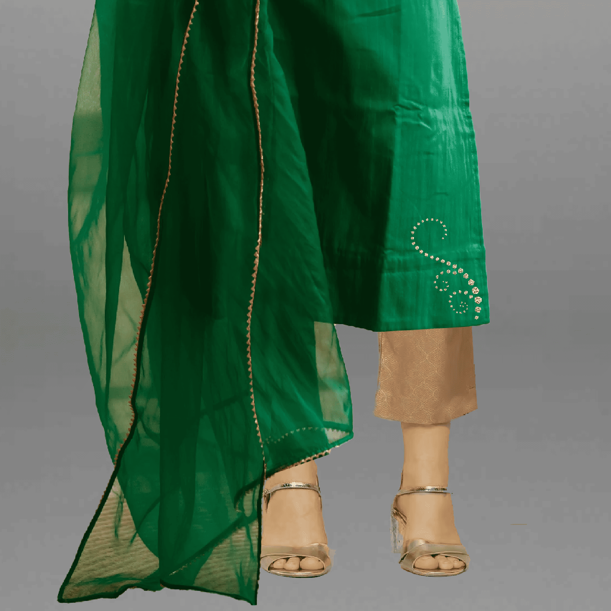Women's Green kurti set & Golden pants with kundhan work and lace border-RWKS040